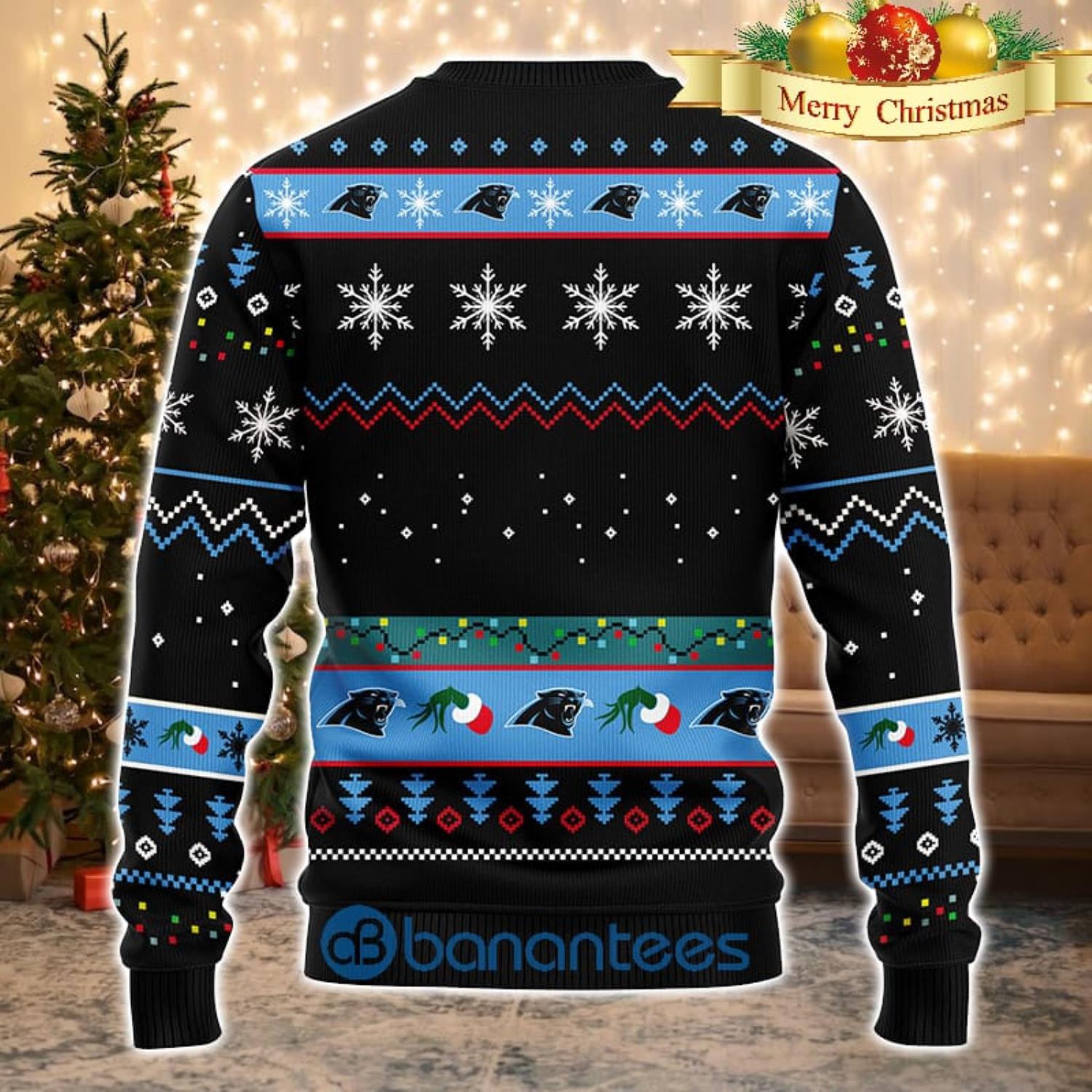 Men And Women Christmas Gift NFL Carolina Panthers Cute 12 Grinch Face Xmas Day 3D Ugly Christmas Sweater Product Photo 2