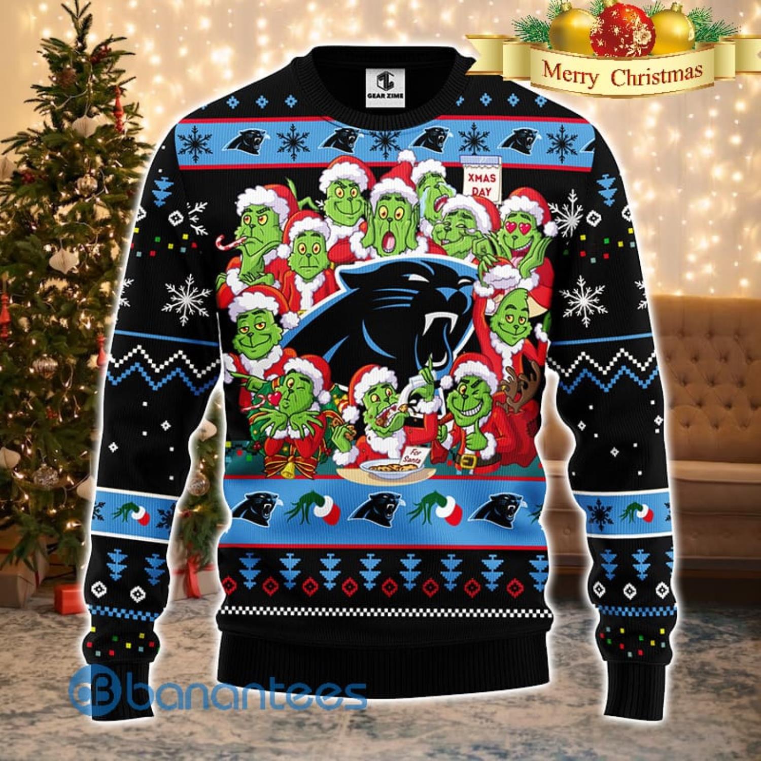Men And Women Christmas Gift NFL Carolina Panthers Cute 12 Grinch Face Xmas Day 3D Ugly Christmas Sweater Product Photo 1
