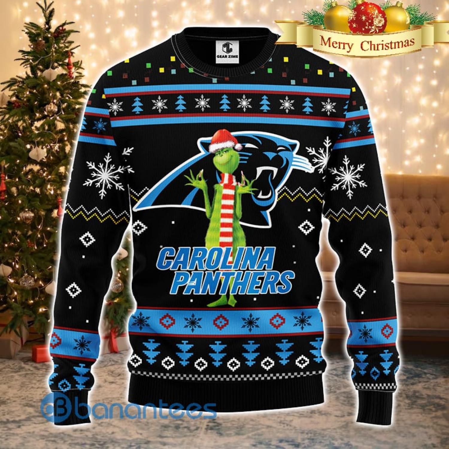 Men And Women Christmas Gift NFL Carolina Panthers Logo With Funny Grinch 3D Ugly Christmas Sweater For Fans Product Photo 1