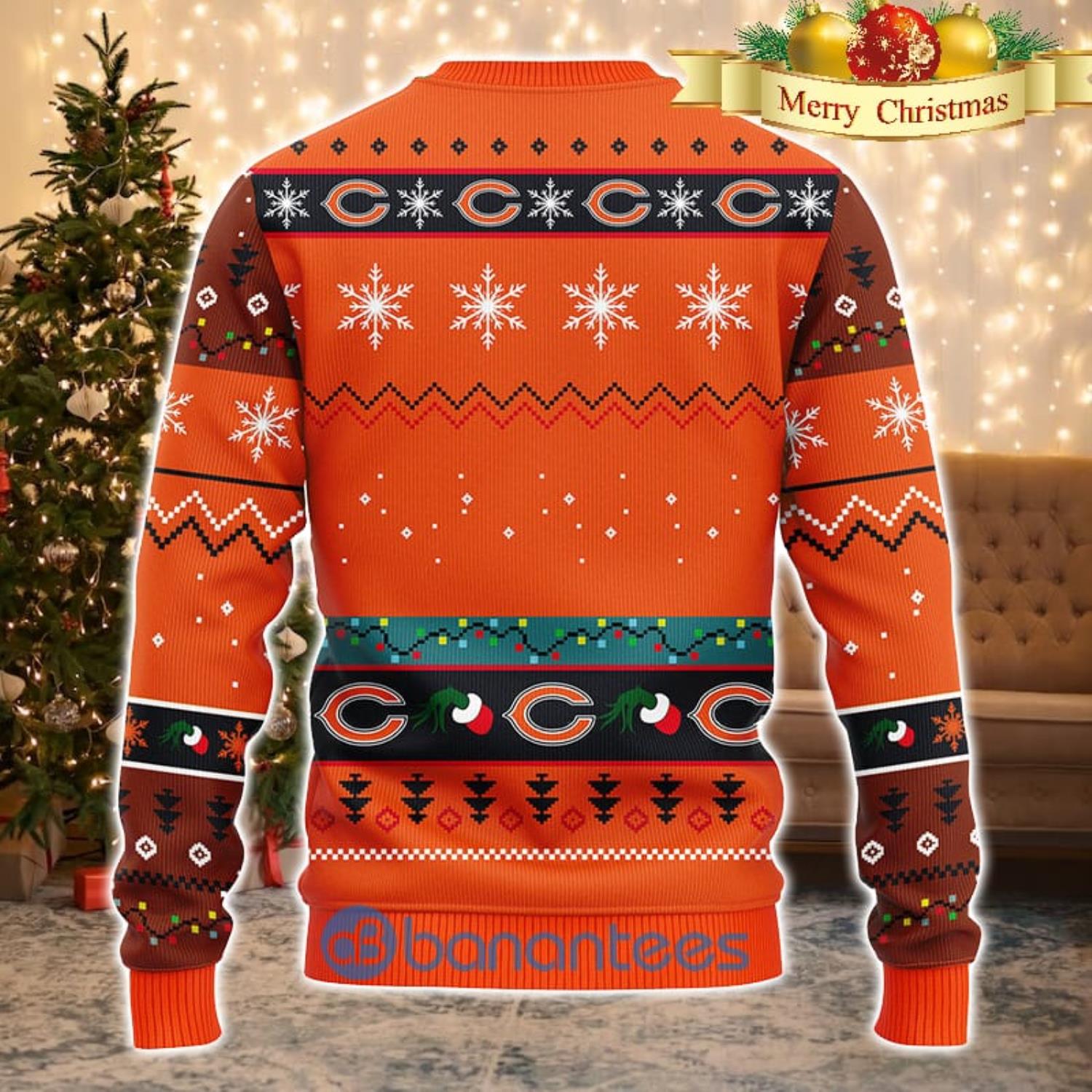 Men And Women Christmas Gift NFL Chicago Bears Cute 12 Grinch Face Xmas Day 3D Ugly Christmas Sweater Product Photo 2