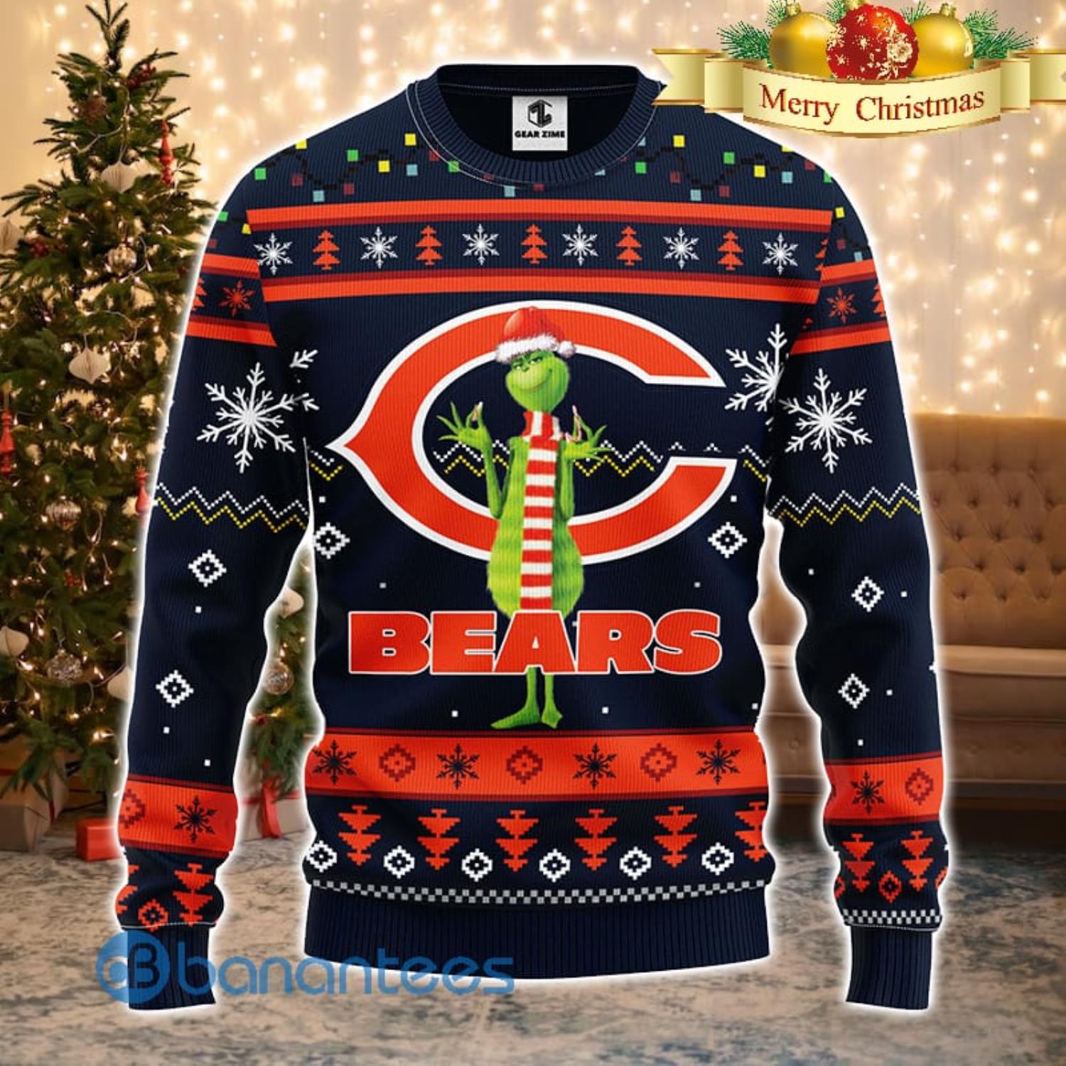 Men And Women Christmas Gift NFL Chicago Bears Logo With Funny Grinch 3D Ugly Christmas Sweater For Fans Product Photo 1