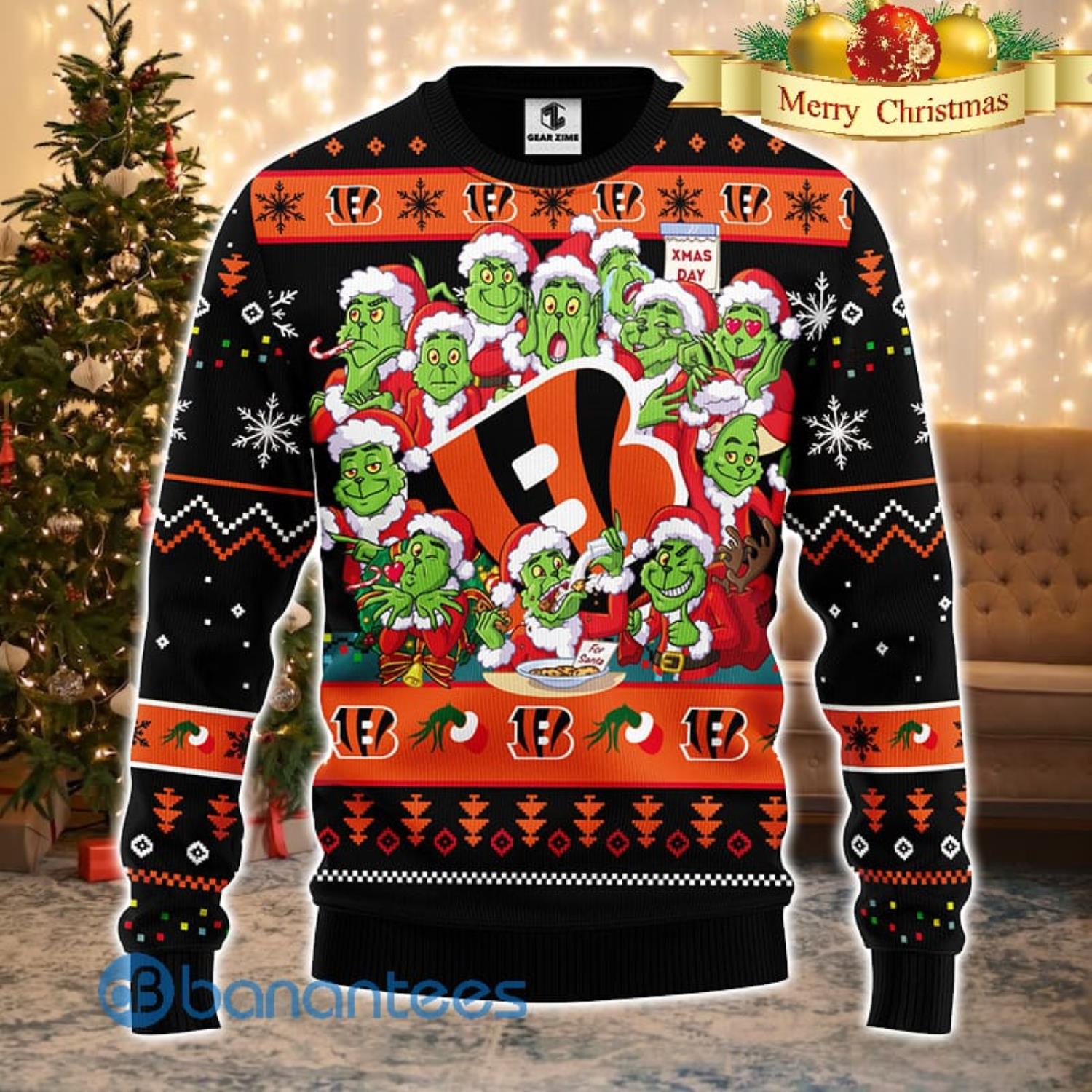 Men And Women Christmas Gift NFL Cincinnati Bengals Cute 12 Grinch Face Xmas Day 3D Ugly Christmas Sweater Product Photo 1
