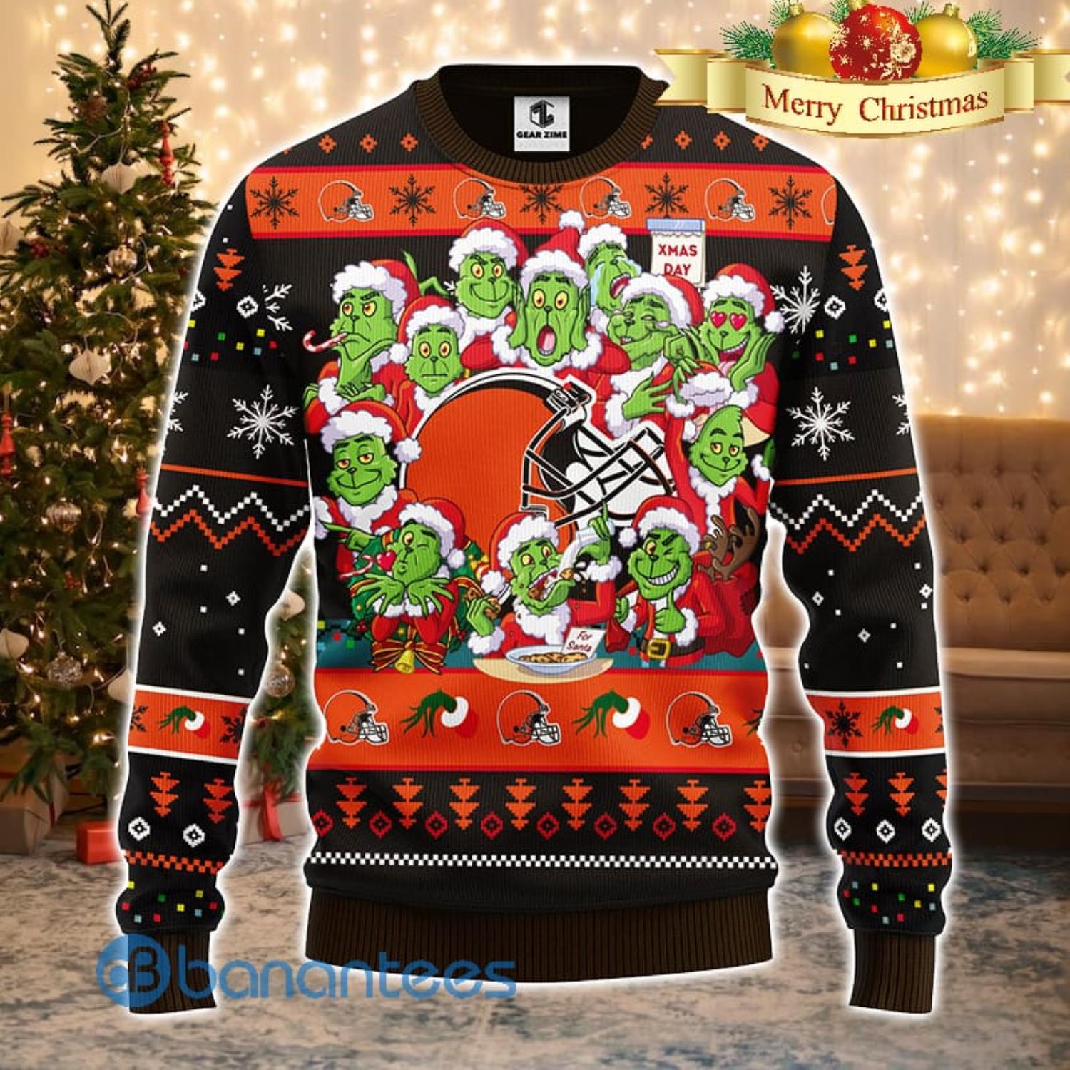 Men And Women Christmas Gift NFL Cleveland Browns Cute 12 Grinch Face Xmas Day 3D Ugly Christmas Sweater Product Photo 2