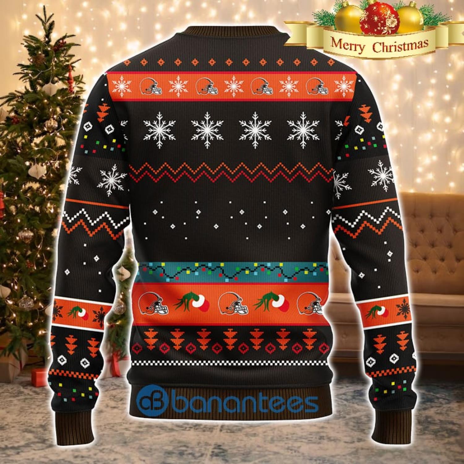 Men And Women Christmas Gift NFL Cleveland Browns Cute 12 Grinch Face Xmas Day 3D Ugly Christmas Sweater Product Photo 1