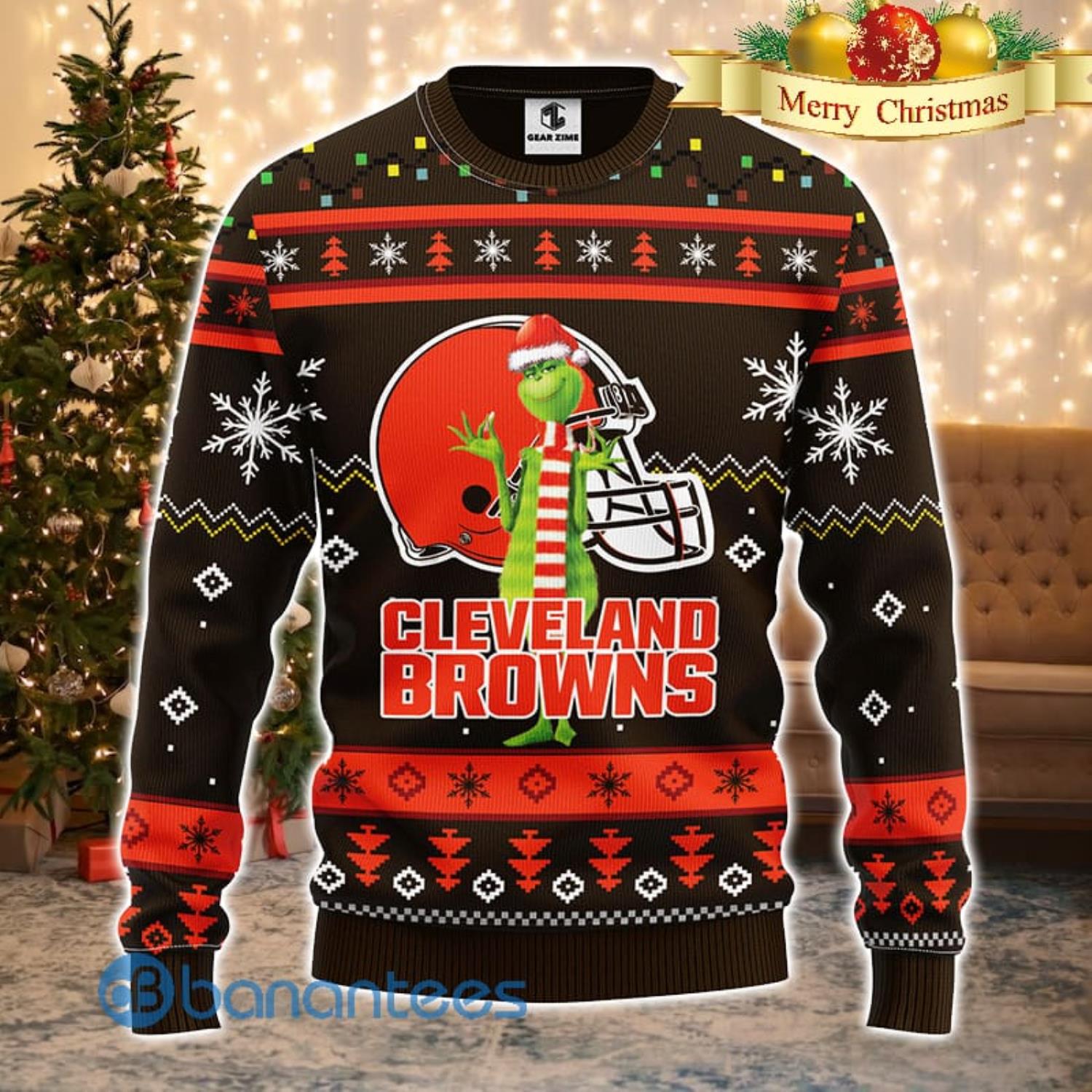 Men And Women Christmas Gift NFL Cleveland Browns Logo With Funny Grinch 3D Ugly Christmas Sweater For Fans Product Photo 1