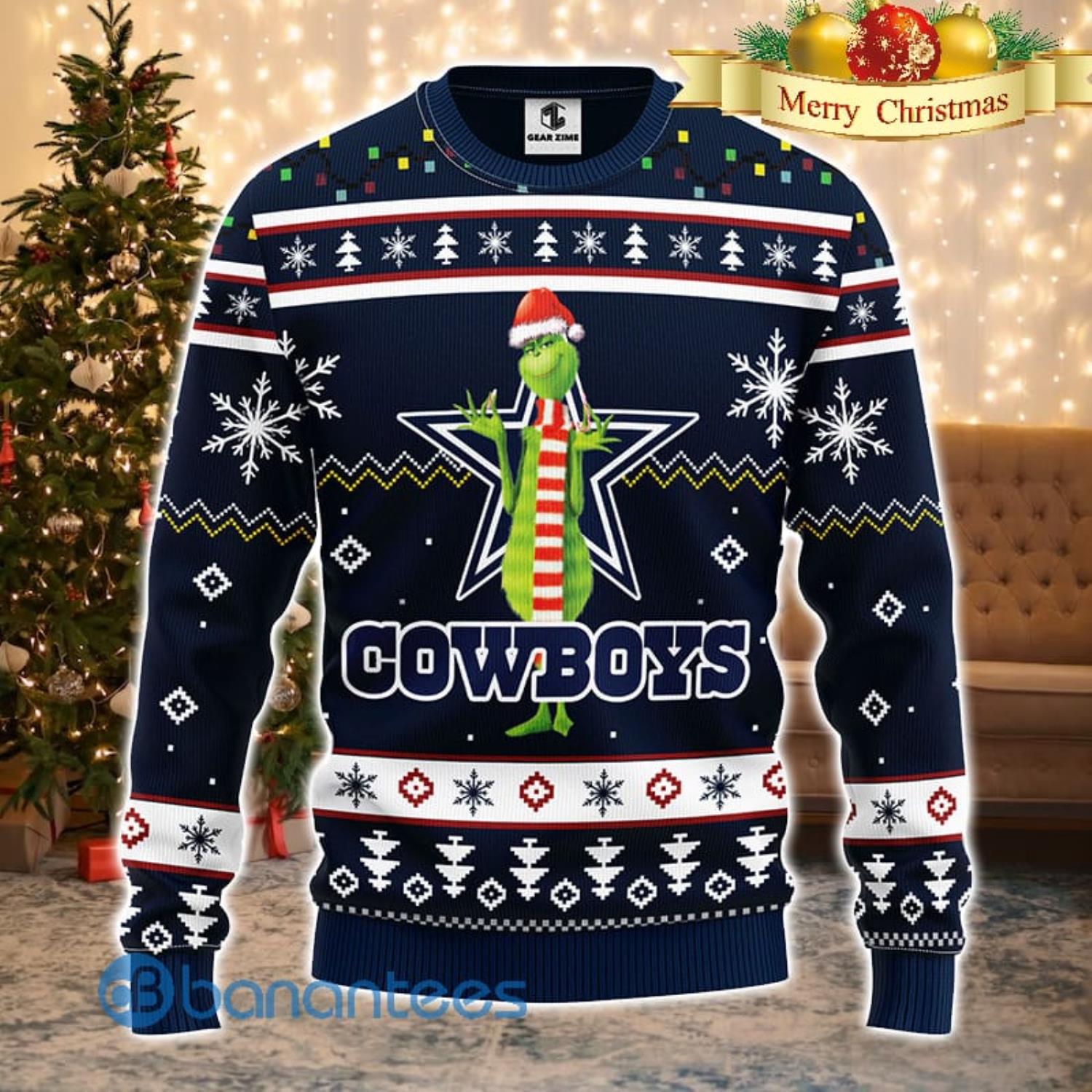 Men And Women Christmas Gift NFL Dallas Cowboys Logo With Funny Grinch 3D Ugly Christmas Sweater For Fans Product Photo 1