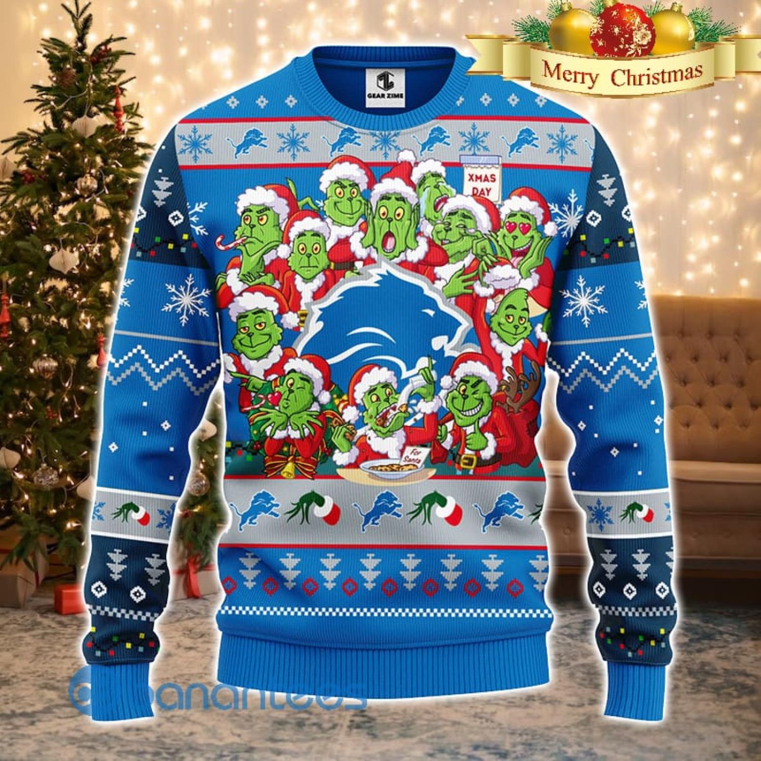 Men And Women Christmas Gift NFL Detroit Lions Cute 12 Grinch Face Xmas Day 3D Ugly Christmas Sweater Product Photo 2