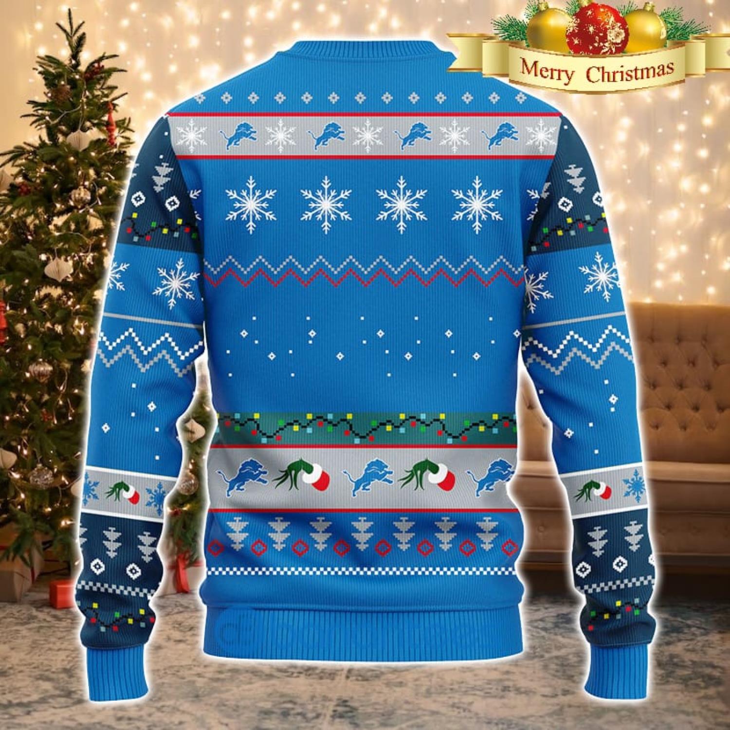 Men And Women Christmas Gift NFL Detroit Lions Cute 12 Grinch Face Xmas Day 3D Ugly Christmas Sweater Product Photo 1