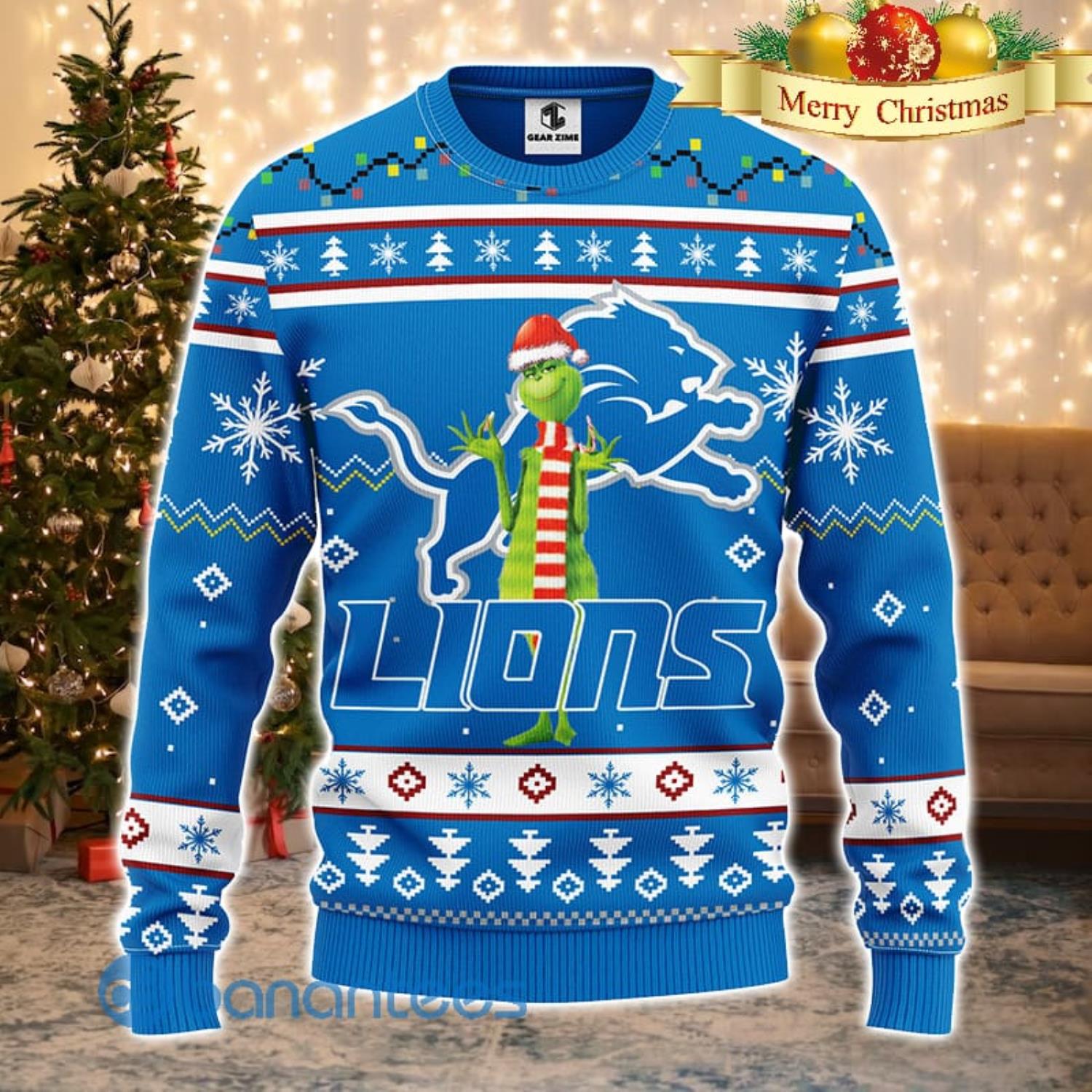 Men And Women Christmas Gift NFL Detroit Lions Logo With Funny Grinch 3D Ugly Christmas Sweater For Fans Product Photo 1