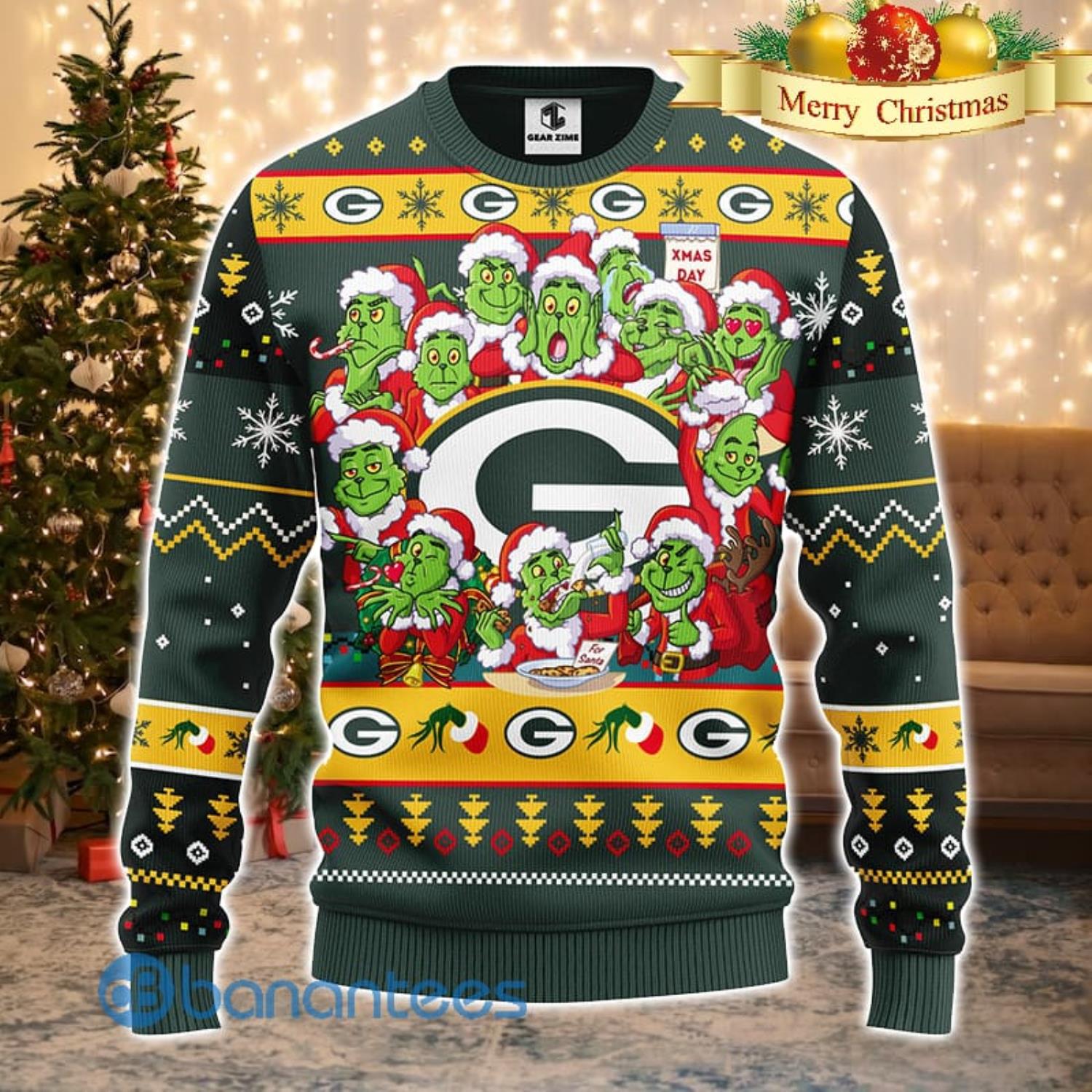Men And Women Christmas Gift NFL Green Bay Packers Cute 12 Grinch Face Xmas Day 3D Ugly Christmas Sweater Product Photo 2