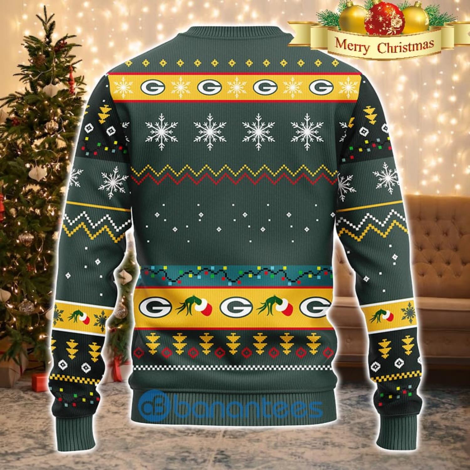 Men And Women Christmas Gift NFL Green Bay Packers Cute 12 Grinch Face Xmas Day 3D Ugly Christmas Sweater Product Photo 1