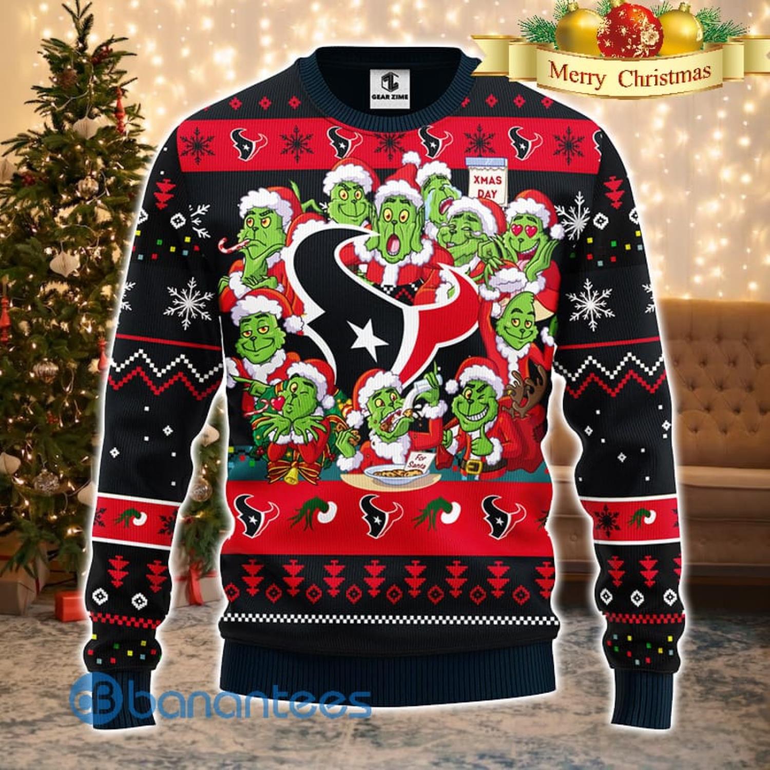 Men And Women Christmas Gift NFL Houston Texans Cute 12 Grinch Face Xmas Day 3D Ugly Christmas Sweater Product Photo 2