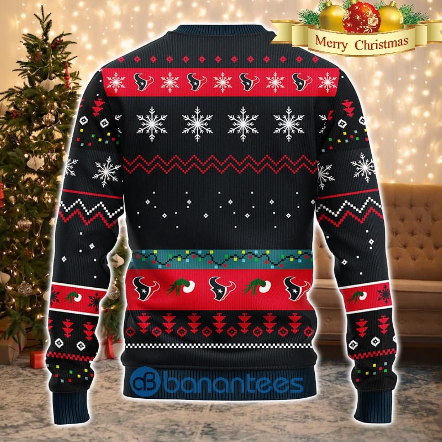 Men And Women Christmas Gift NFL Houston Texans Cute 12 Grinch Face Xmas Day 3D Ugly Christmas Sweater Product Photo 1