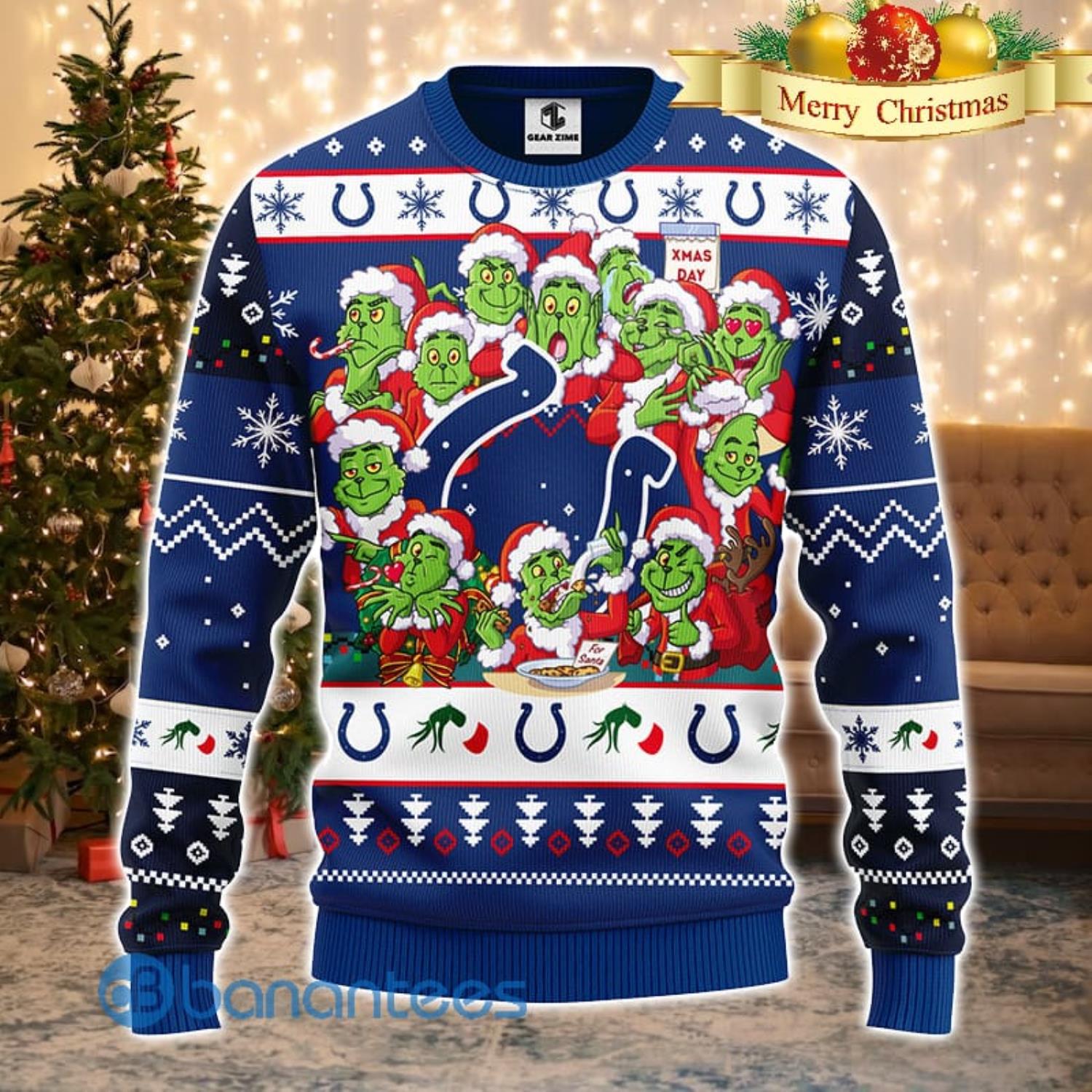 Men And Women Christmas Gift NFL Indianapolis Colts Cute 12 Grinch Face Xmas Day 3D Ugly Christmas Sweater Product Photo 2
