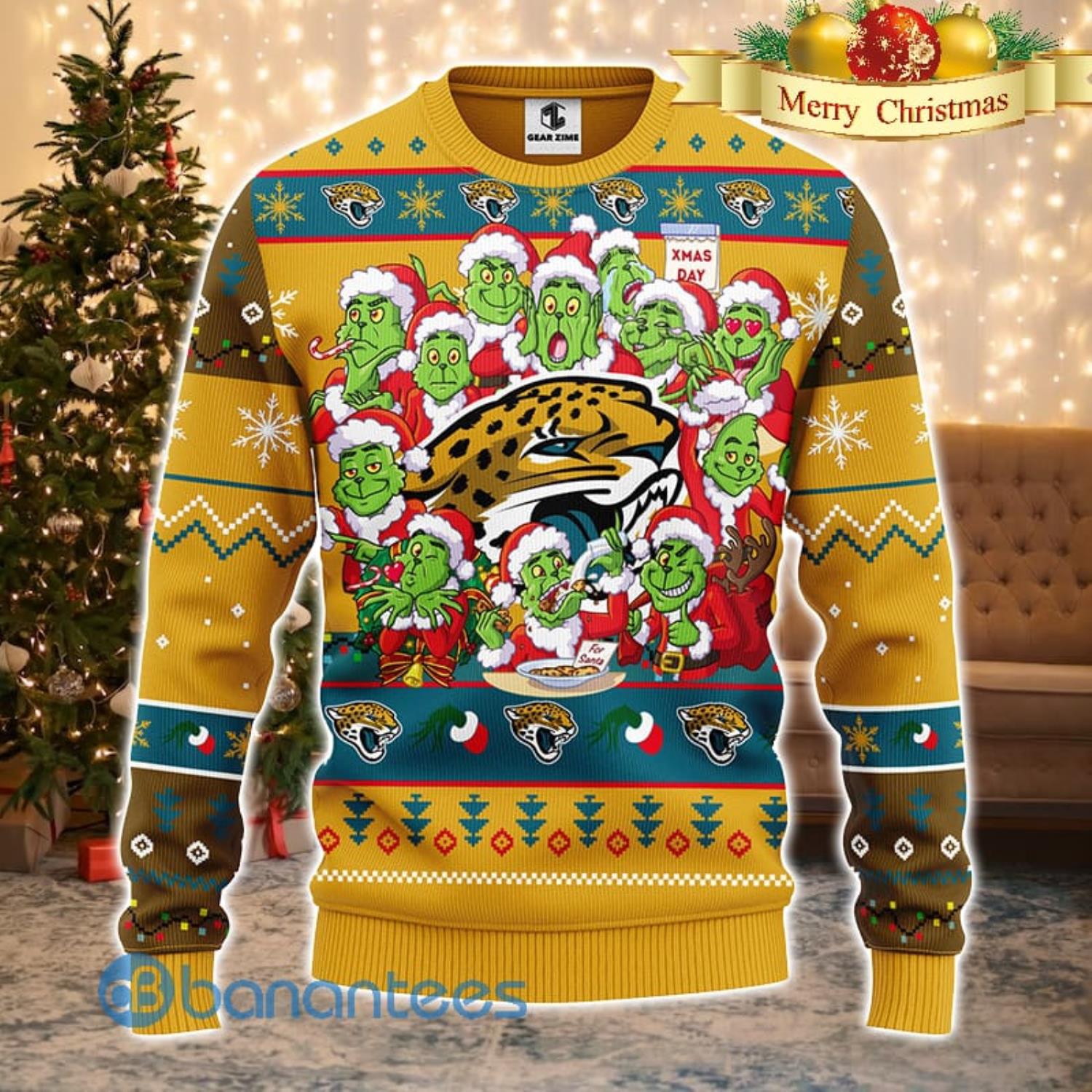Men And Women Christmas Gift NFL Jacksonville Jaguars Cute 12 Grinch Face Xmas Day 3D Ugly Christmas Sweater Product Photo 2