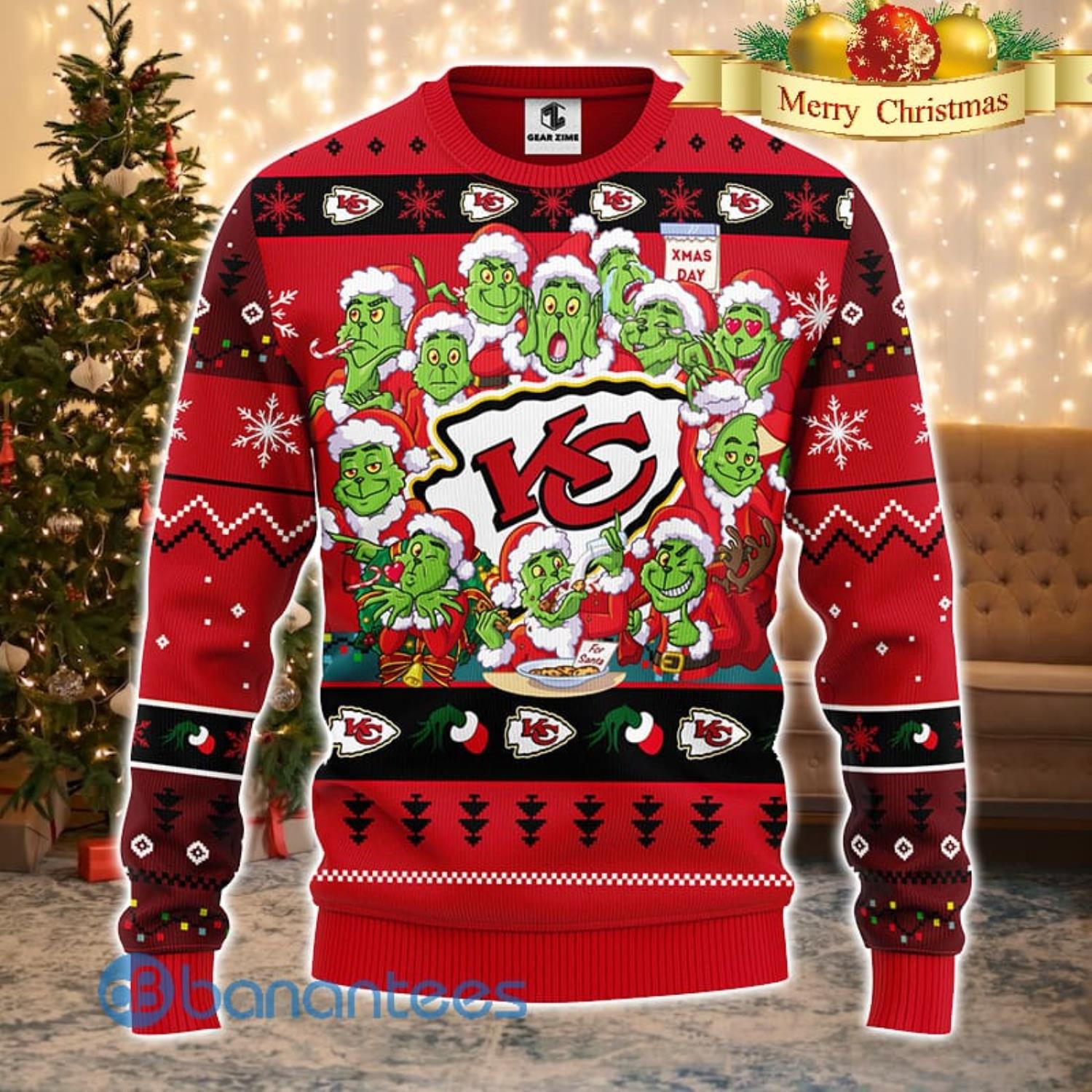 Men And Women Christmas Gift NFL Kansas City Chiefs Cute 12 Grinch Face Xmas Day 3D Ugly Christmas Sweater Product Photo 2