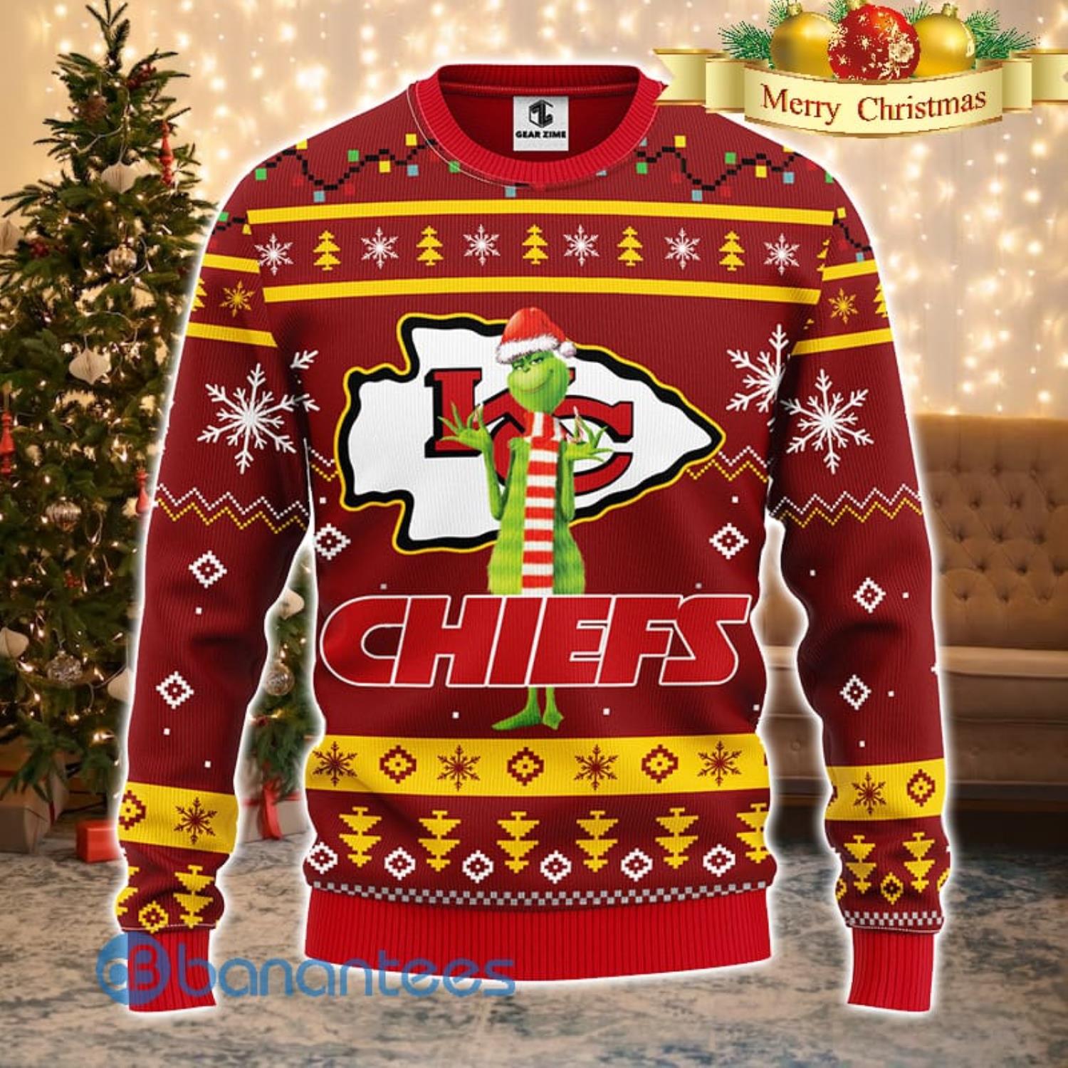 Men And Women Christmas Gift NFL Kansas City Chiefs Logo With Funny Grinch 3D Ugly Christmas Sweater For Fans Product Photo 1