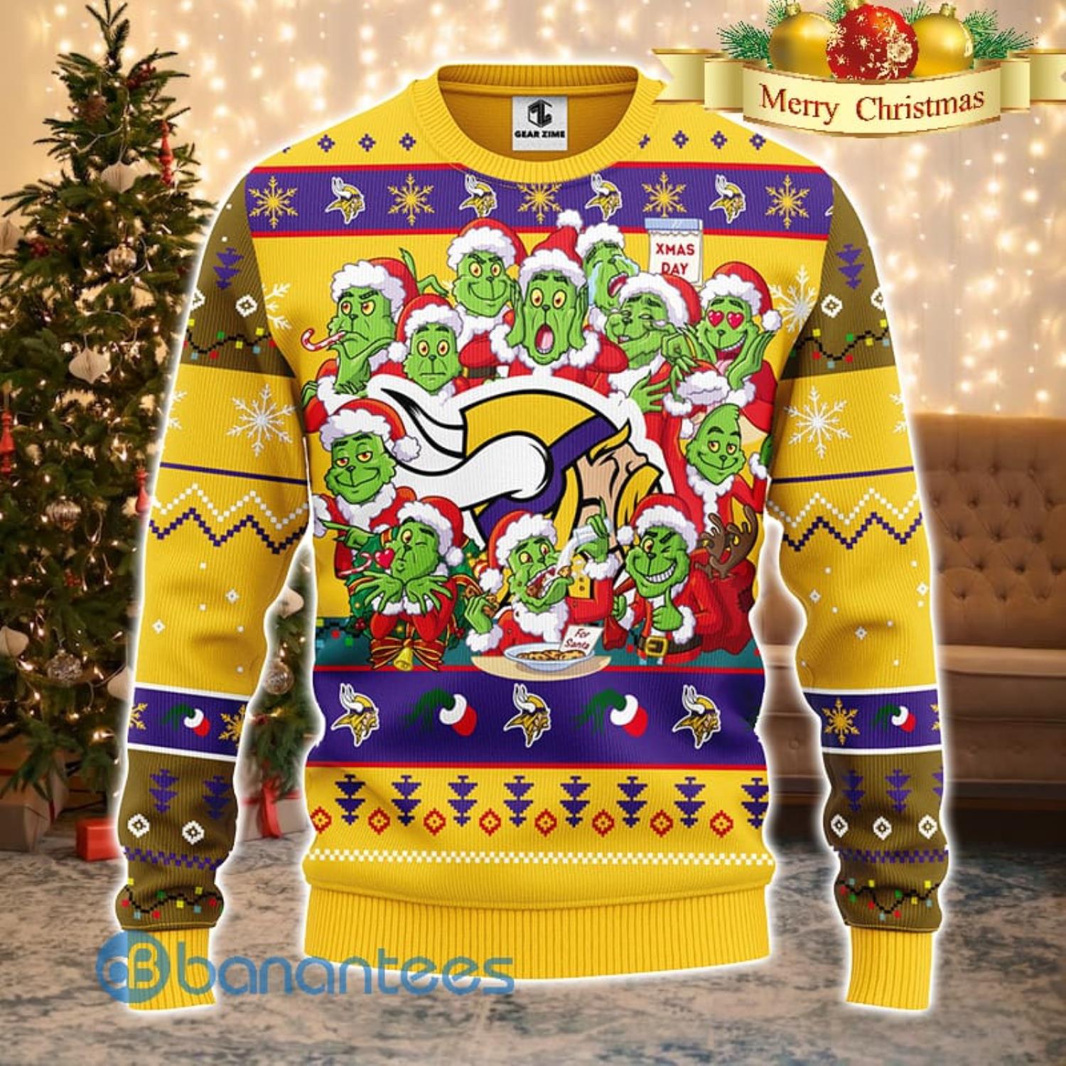 Men And Women Christmas Gift NFL Minnesota Vikings Cute 12 Grinch Face Xmas Day 3D Ugly Christmas Sweater Product Photo 2