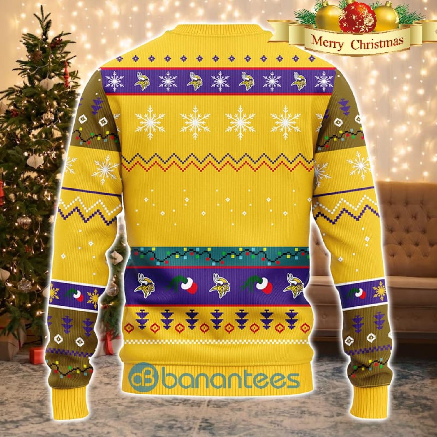 Men And Women Christmas Gift NFL Minnesota Vikings Cute 12 Grinch Face Xmas Day 3D Ugly Christmas Sweater Product Photo 1