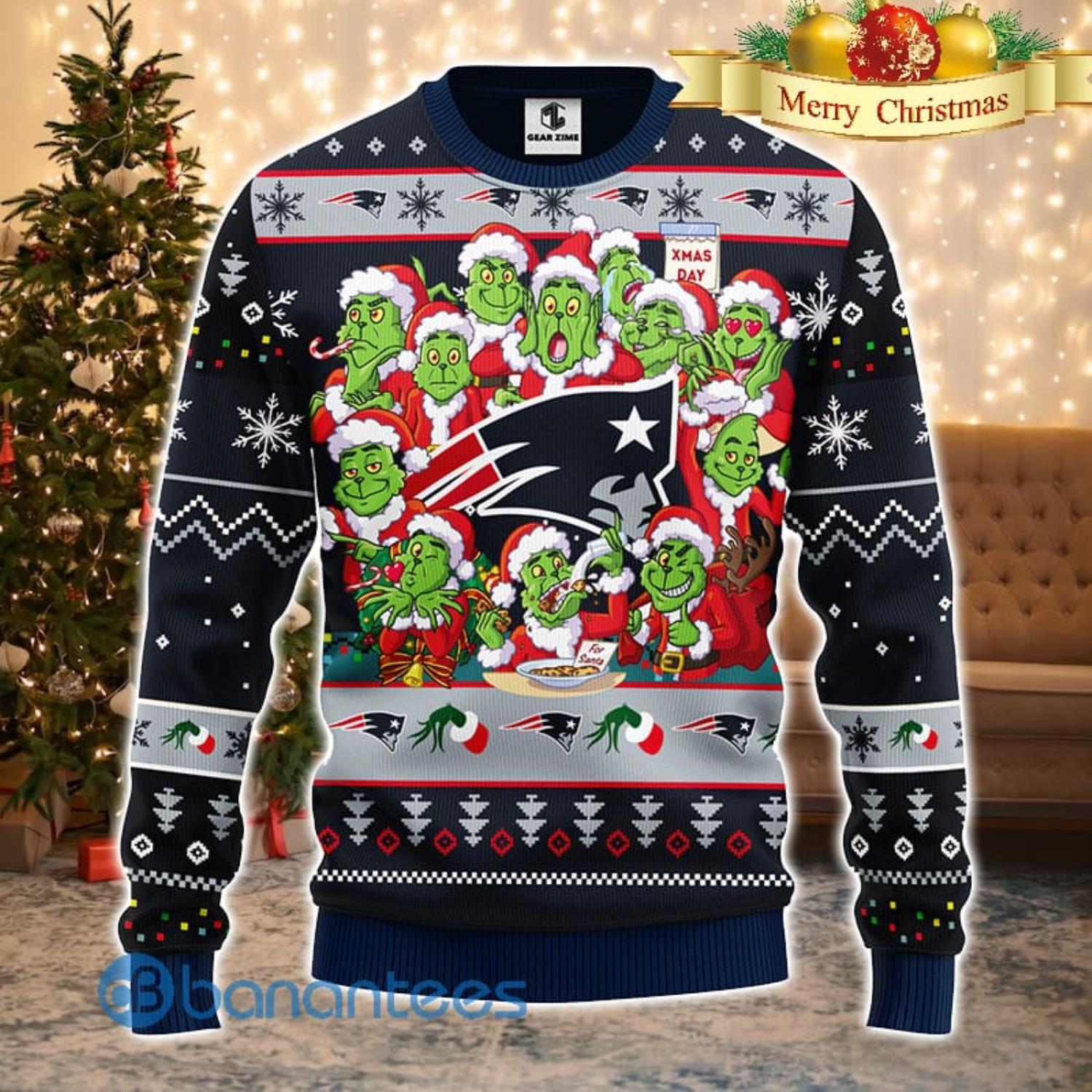 Men And Women Christmas Gift NFL New England Patriots Cute 12 Grinch Face  Xmas Day 3D Ugly Christmas Sweater - Banantees