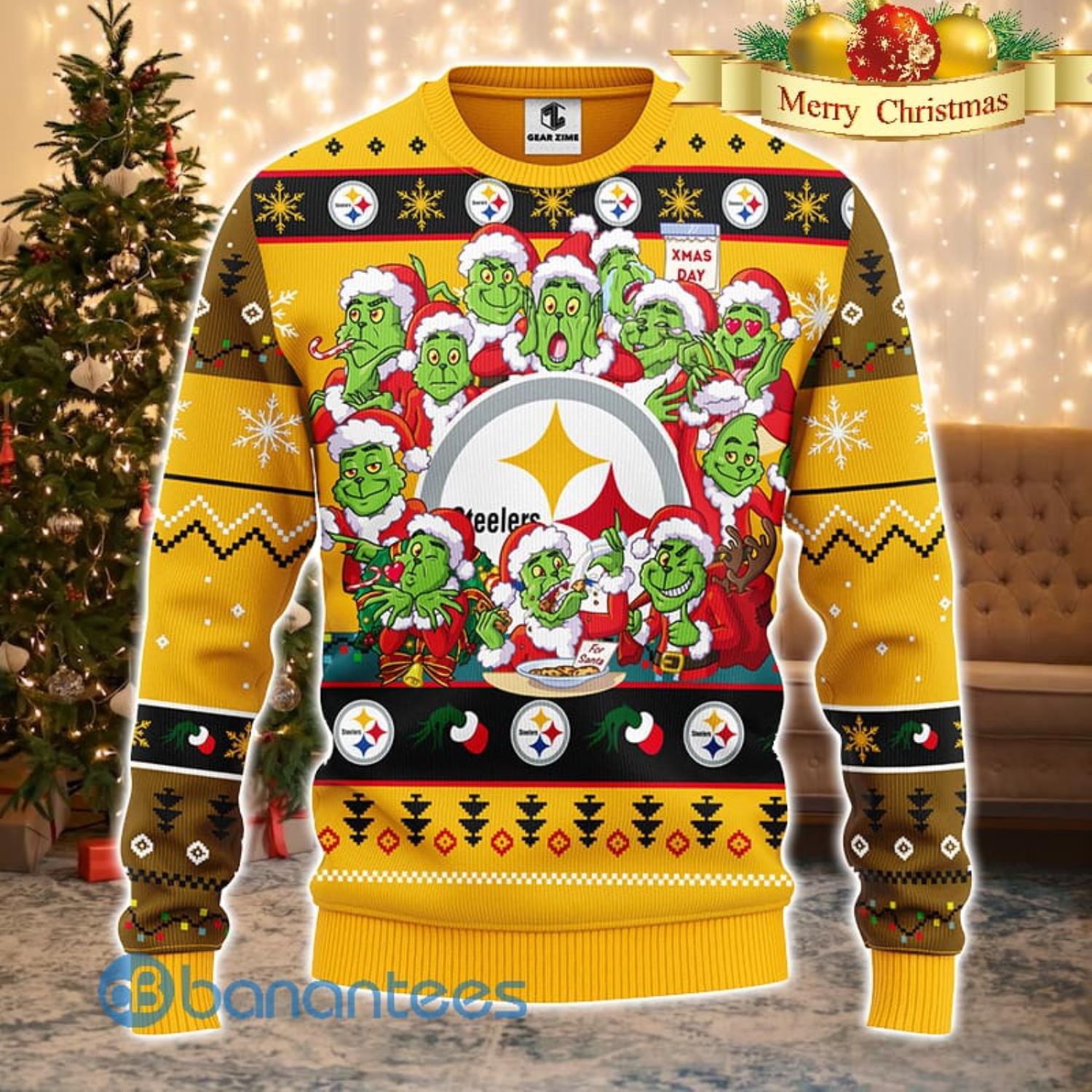 Men And Women Christmas Gift NFL Pittsburgh Steelers Cute 12 Grinch Face Xmas Day 3D Ugly Christmas Sweater Product Photo 2