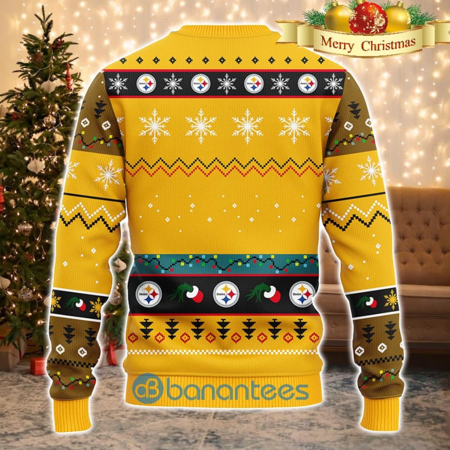 Men And Women Christmas Gift NFL Pittsburgh Steelers Cute 12 Grinch Face Xmas Day 3D Ugly Christmas Sweater Product Photo 1