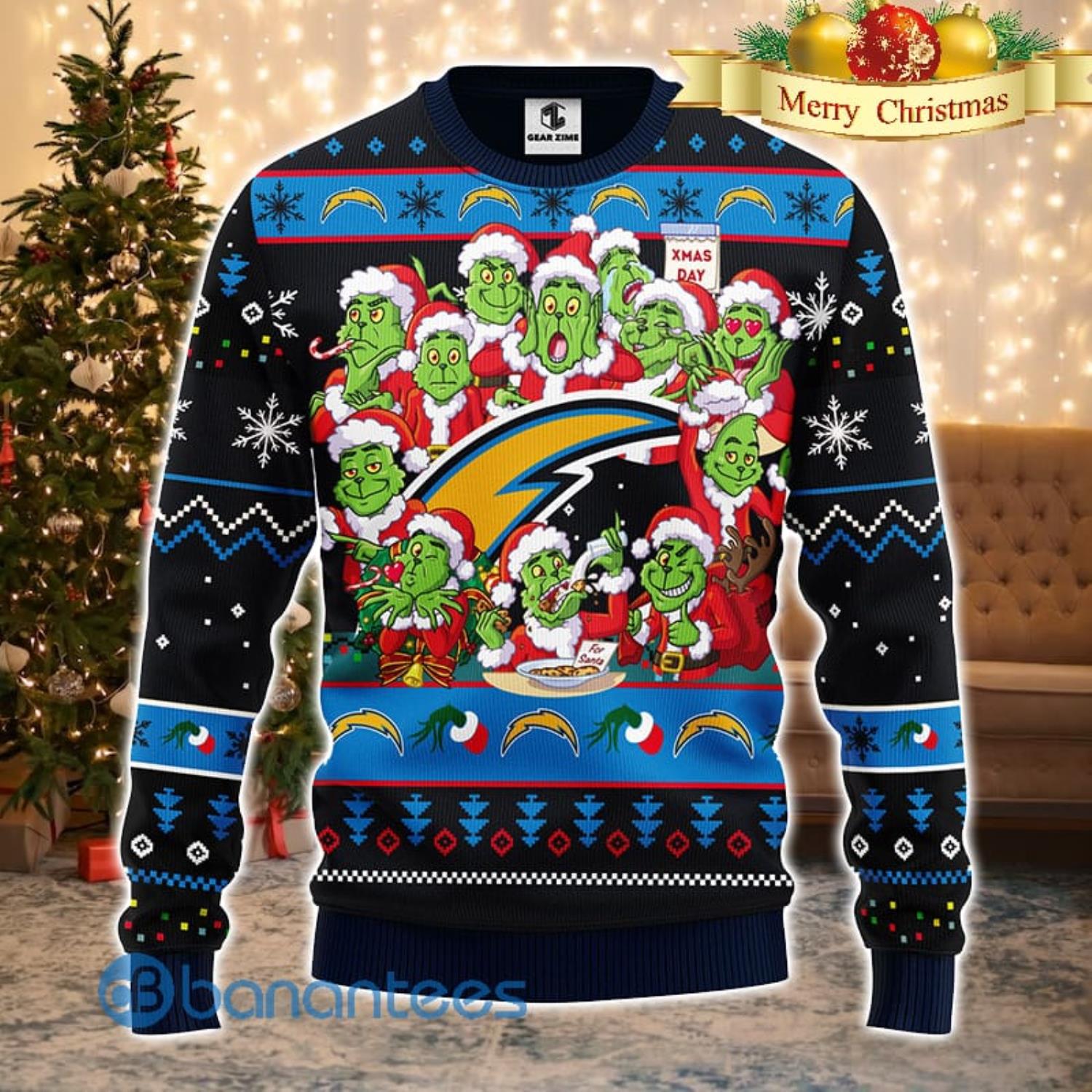 Men And Women Christmas Gift NFL San Diego Chargers Cute 12 Grinch Face Xmas Day 3D Ugly Christmas Sweater Product Photo 2