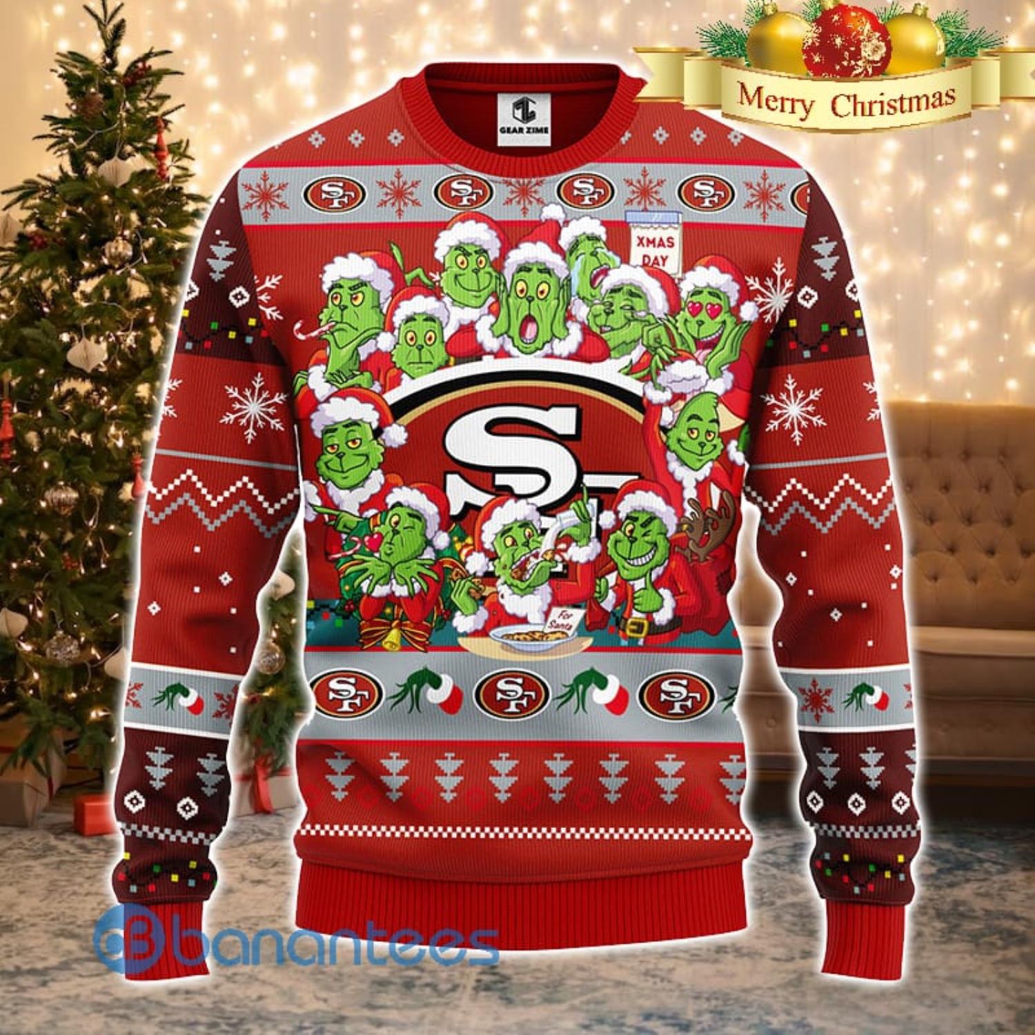 Men And Women Christmas Gift NFL San Francisco 49ers Cute 12 Grinch Face Xmas Day 3D Ugly Christmas Sweater Product Photo 2