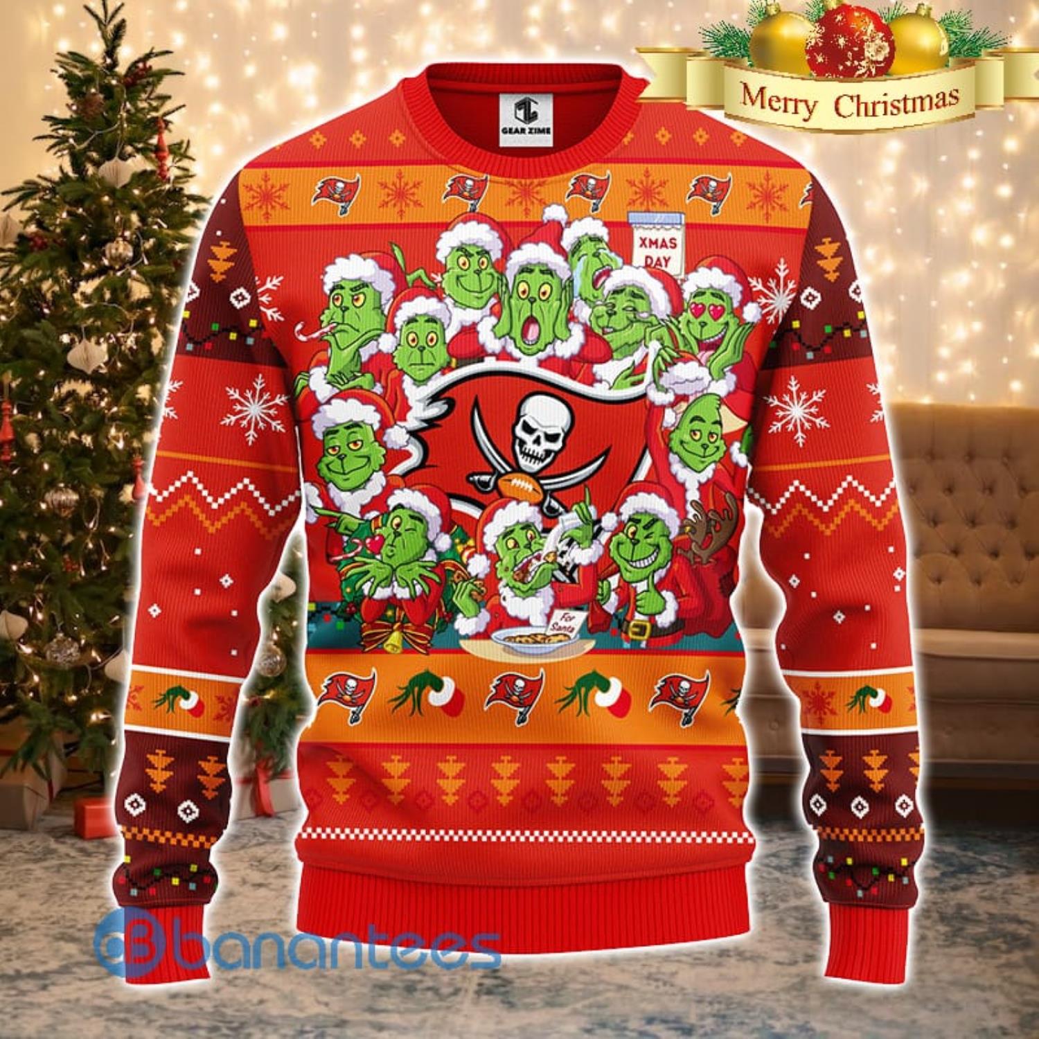 Men And Women Christmas Gift NFL Tampa Bay Buccaneers Cute 12 Grinch Face Xmas Day 3D Ugly Christmas Sweater Product Photo 2