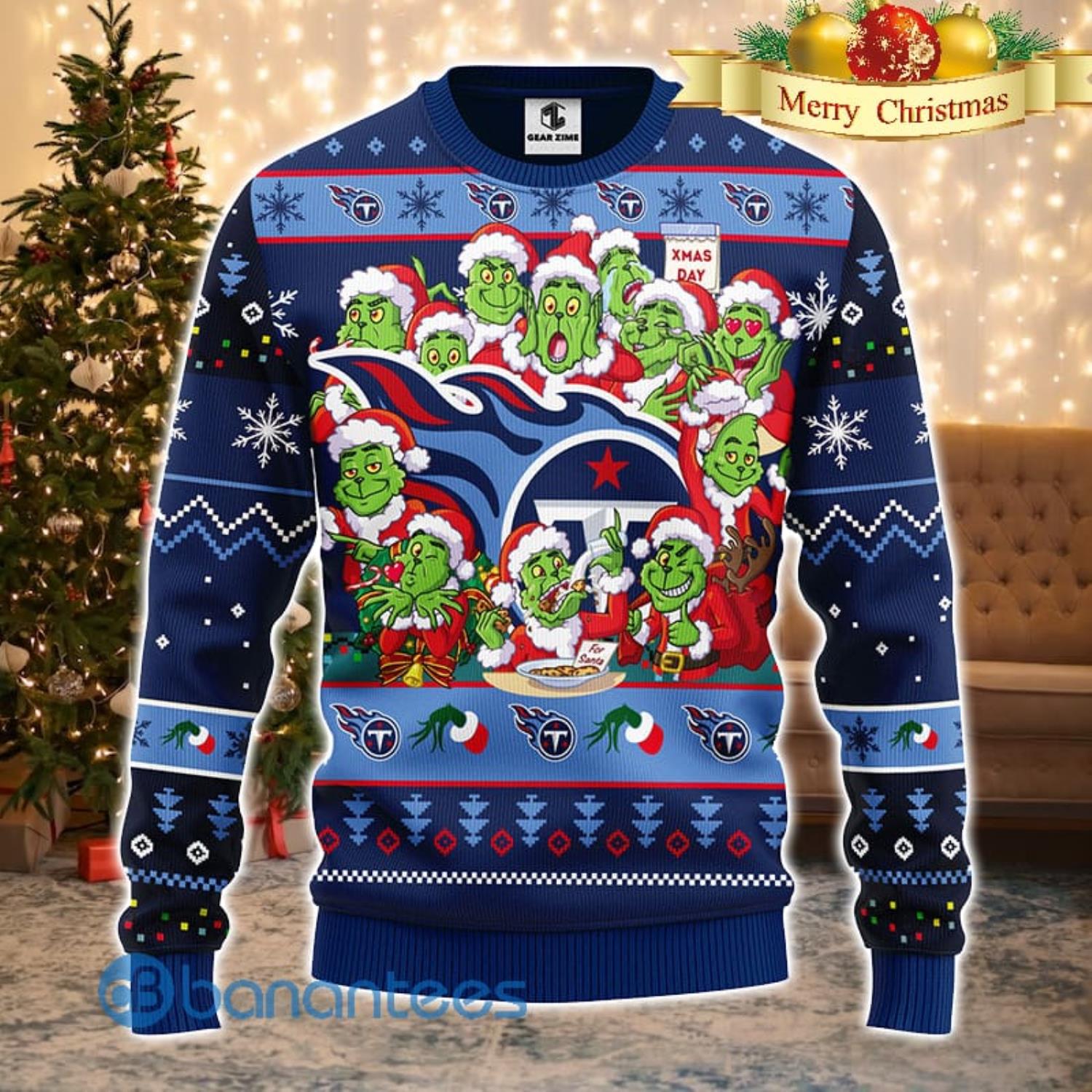 Men And Women Christmas Gift NFL Tennessee Titans Cute 12 Grinch Face Xmas Day 3D Ugly Christmas Sweater Product Photo 2