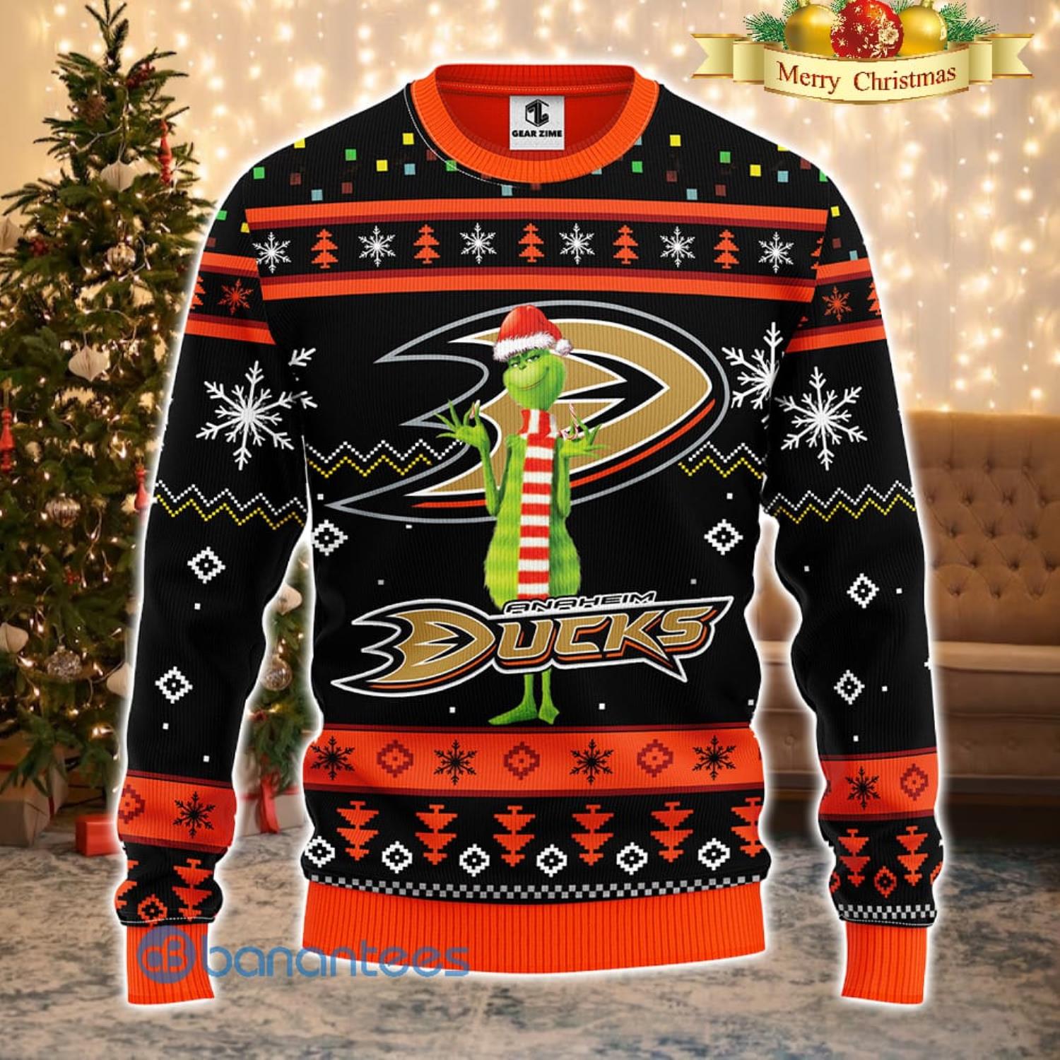 Men And Women Christmas Gift NHL Anaheim Ducks Logo With Funny Grinch 3D Ugly Christmas Sweater For Fans Product Photo 1