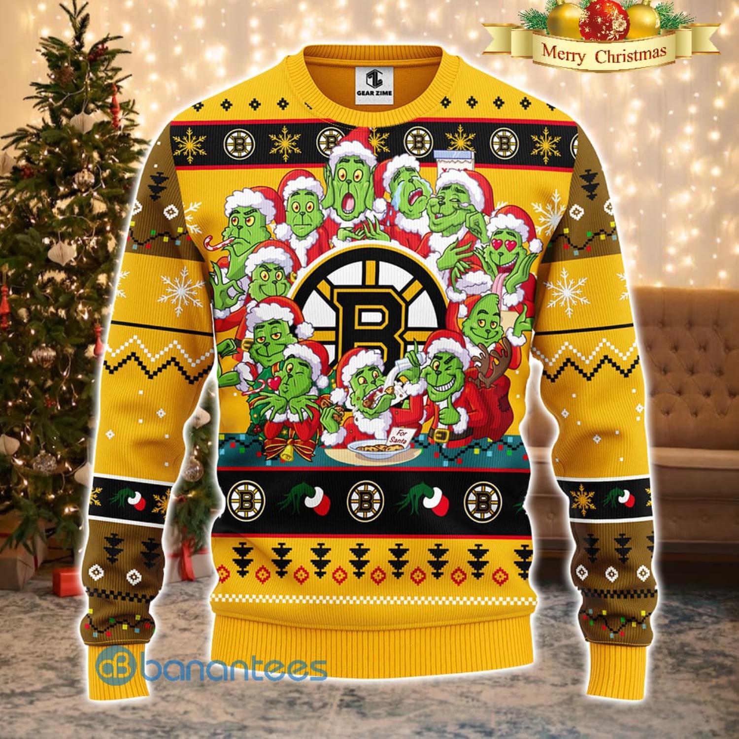 Men And Women Christmas Gift NHL Boston Bruins Cute 12 Grinch Face Xmas Day 3D Ugly Christmas Sweater Product Photo 2
