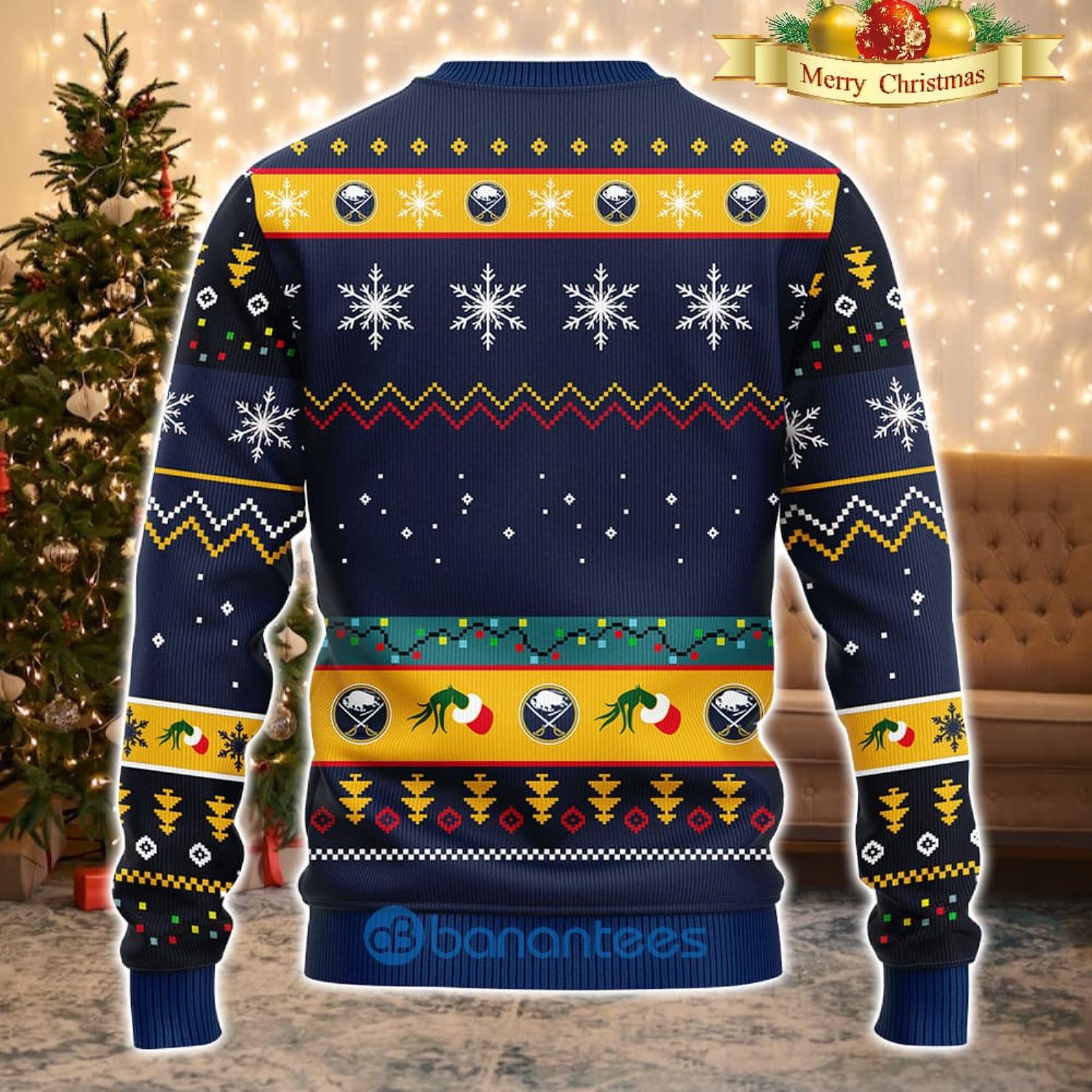 Men And Women Christmas Gift NHL Buffalo Sabres Cute 12 Grinch Face Xmas Day 3D Ugly Christmas Sweater Product Photo 1