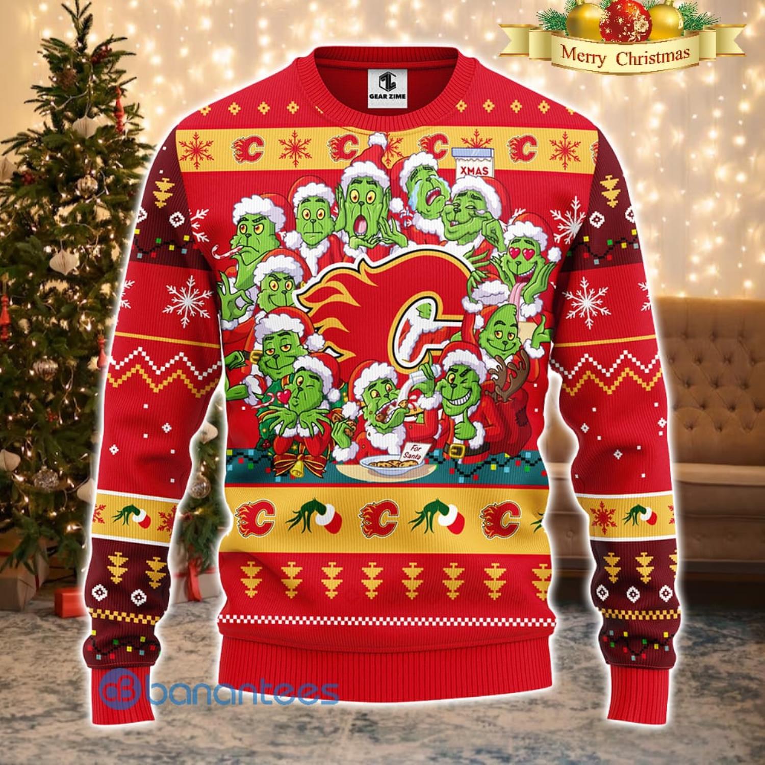 Men And Women Christmas Gift NHL Calgary Flames Cute 12 Grinch Face Xmas Day 3D Ugly Christmas Sweater Product Photo 2