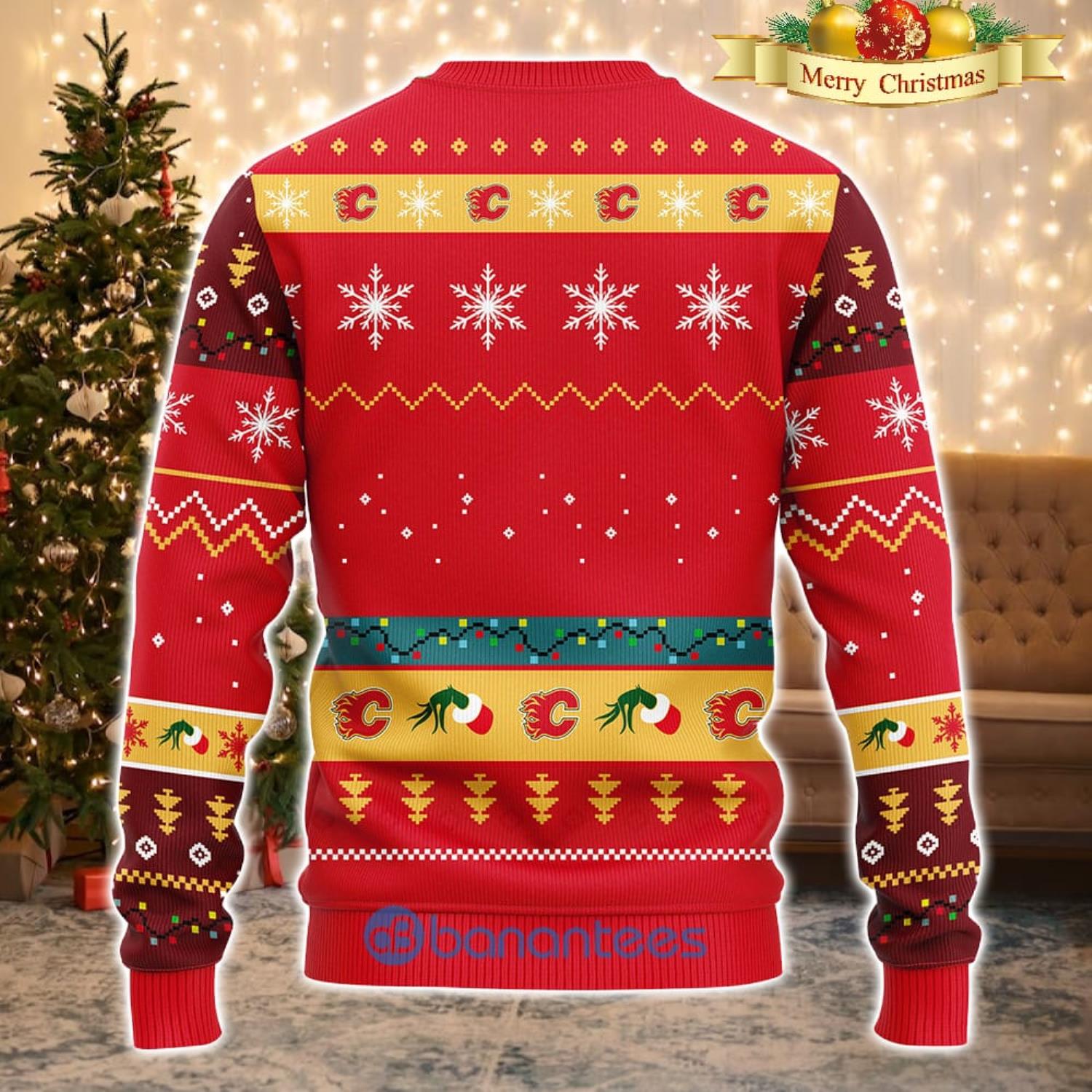 Men And Women Christmas Gift NHL Calgary Flames Cute 12 Grinch Face Xmas Day 3D Ugly Christmas Sweater Product Photo 1