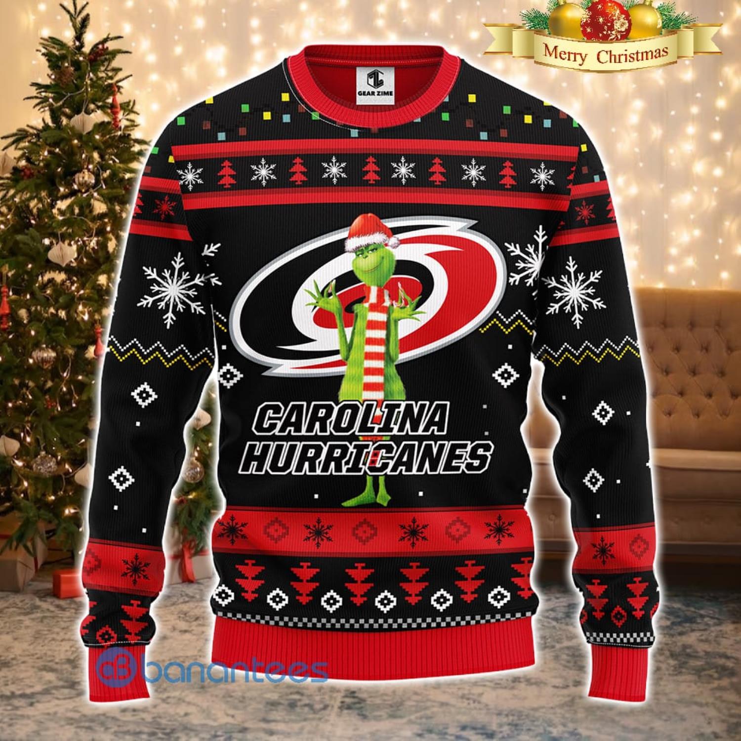 Men And Women Christmas Gift NHL Carolina Hurricanes Logo With Funny Grinch 3D Ugly Christmas Sweater For Fans Product Photo 1