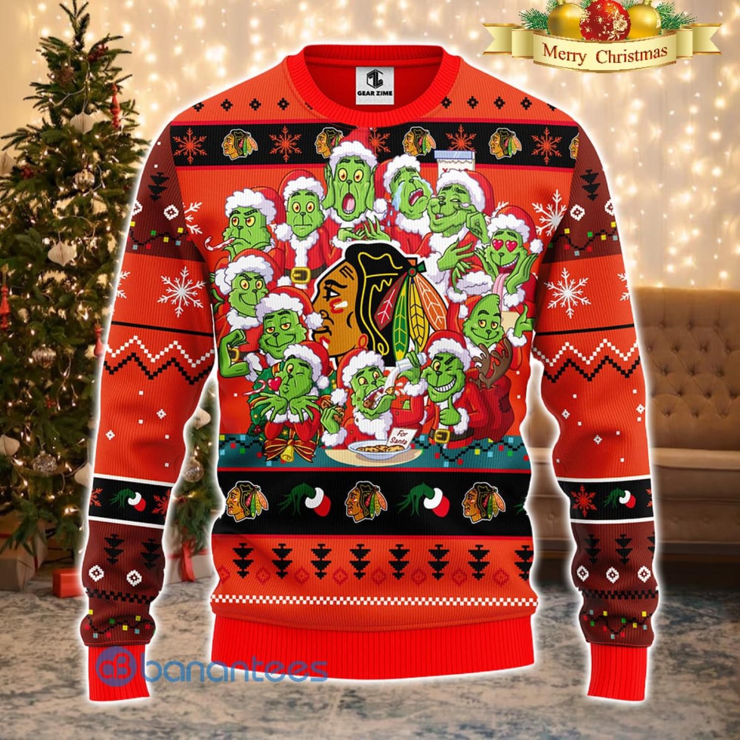 Men And Women Christmas Gift NHL Chicago Blackhawks Cute 12 Grinch Face Xmas Day 3D Ugly Christmas Sweater Product Photo 2