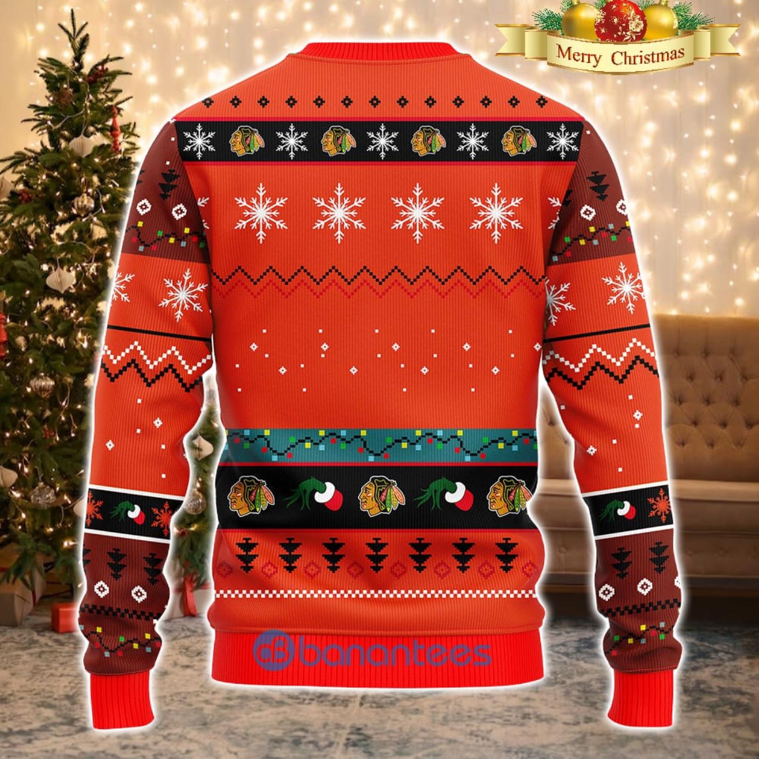 Men And Women Christmas Gift NHL Chicago Blackhawks Cute 12 Grinch Face Xmas Day 3D Ugly Christmas Sweater Product Photo 1