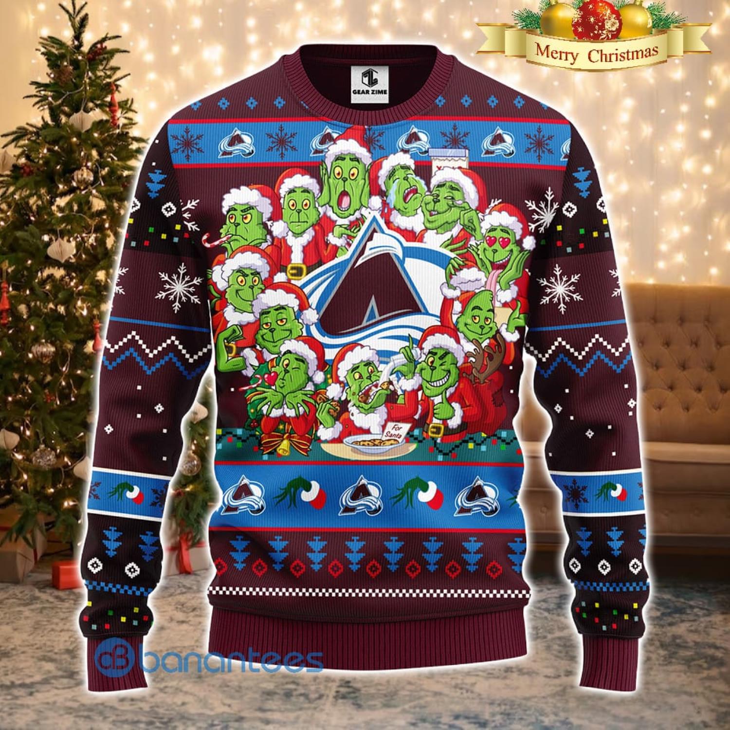 Men And Women Christmas Gift NHL Colorado Avalanche Cute 12 Grinch Face Xmas Day 3D Ugly Christmas Sweater Product Photo 2