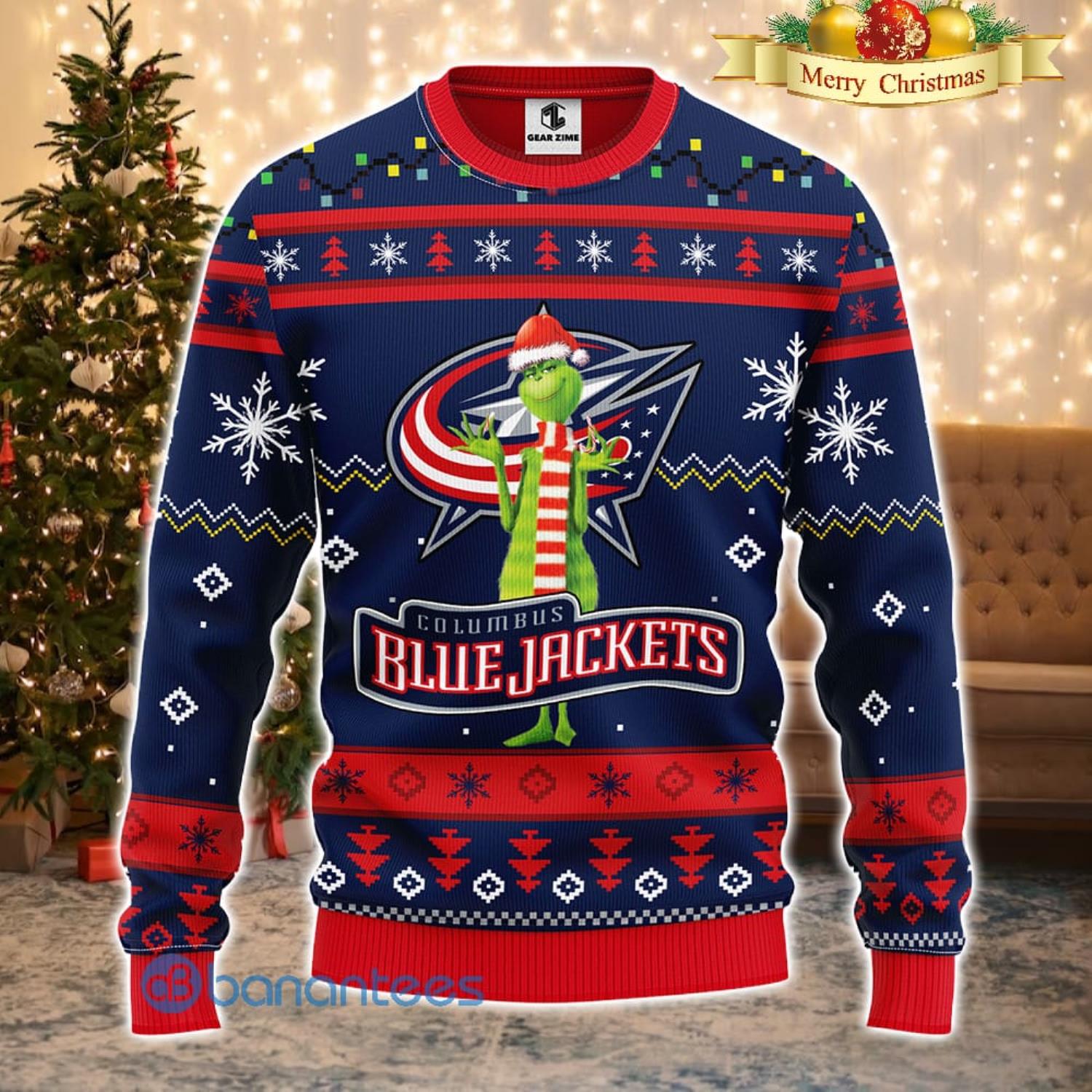 Men And Women Christmas Gift NHL Columbus Blue Jackets Logo With Funny Grinch 3D Ugly Christmas Sweater For Fans Product Photo 1