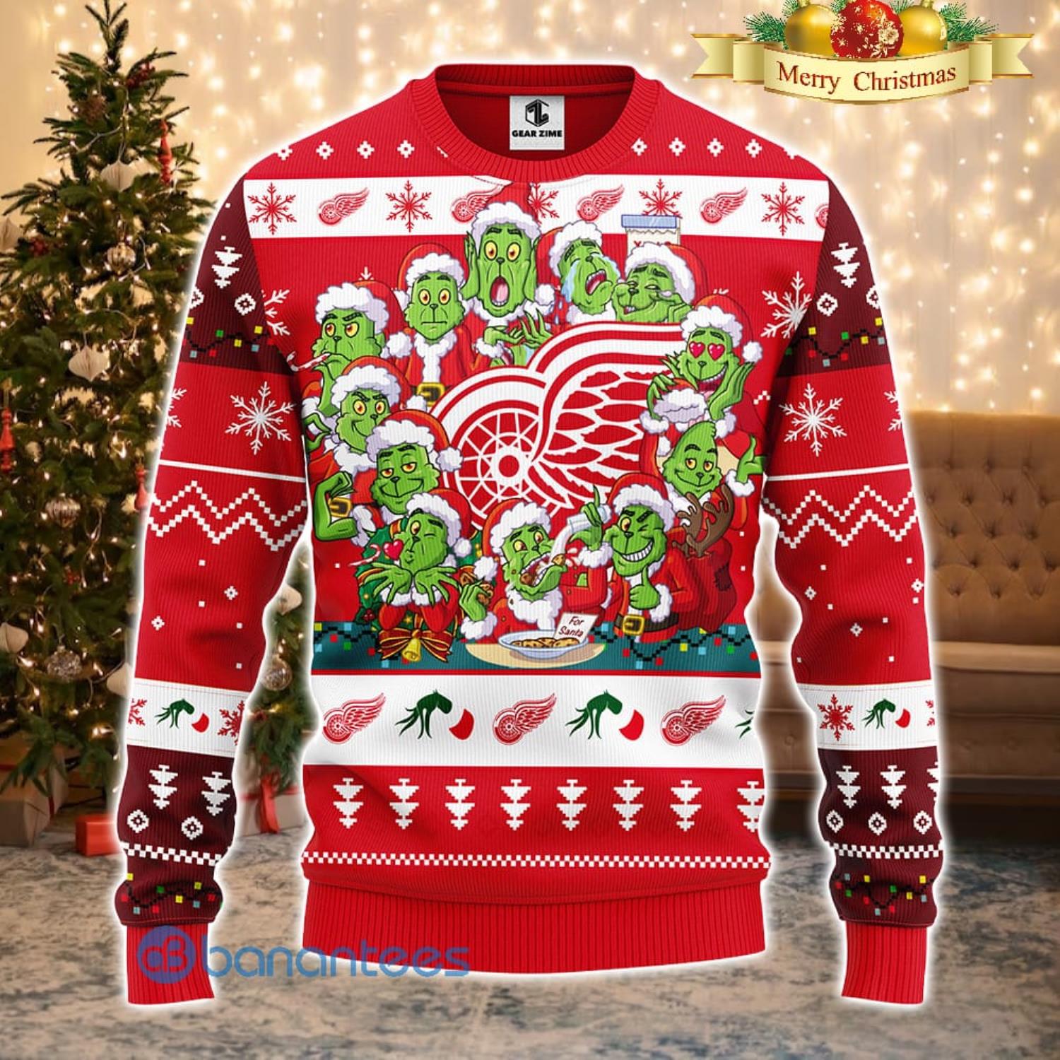 Men And Women Christmas Gift NHL Detroit Red Wings Cute 12 Grinch Face Xmas Day 3D Ugly Christmas Sweater Product Photo 2