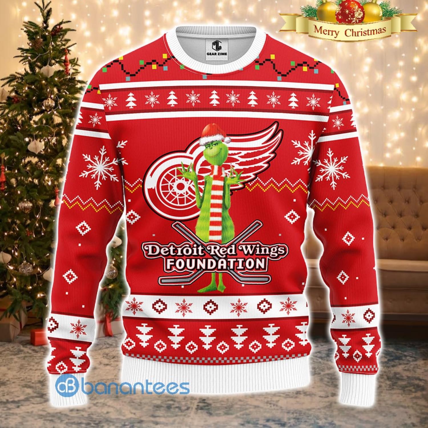 Men And Women Christmas Gift NHL Detroit Red Wings Logo With Funny Grinch 3D Ugly Christmas Sweater For Fans Product Photo 1