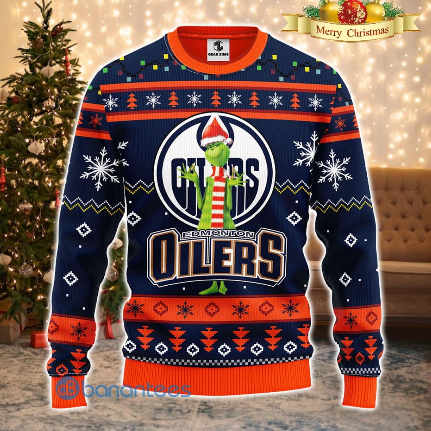 Men And Women Christmas Gift NHL Edmonton Oilers Logo With Funny Grinch 3D Ugly Christmas Sweater For Fans Product Photo 1