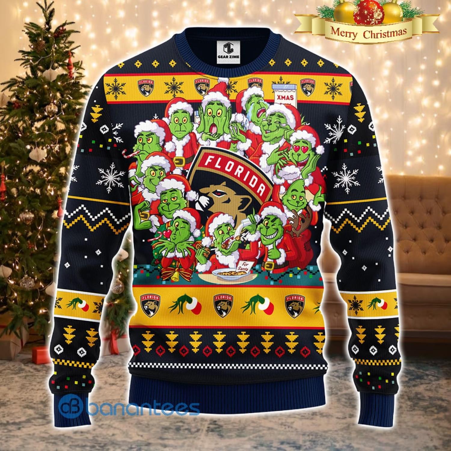 Men And Women Christmas Gift NHL Florida Panthers Cute 12 Grinch Face Xmas Day 3D Ugly Christmas Sweater Product Photo 2
