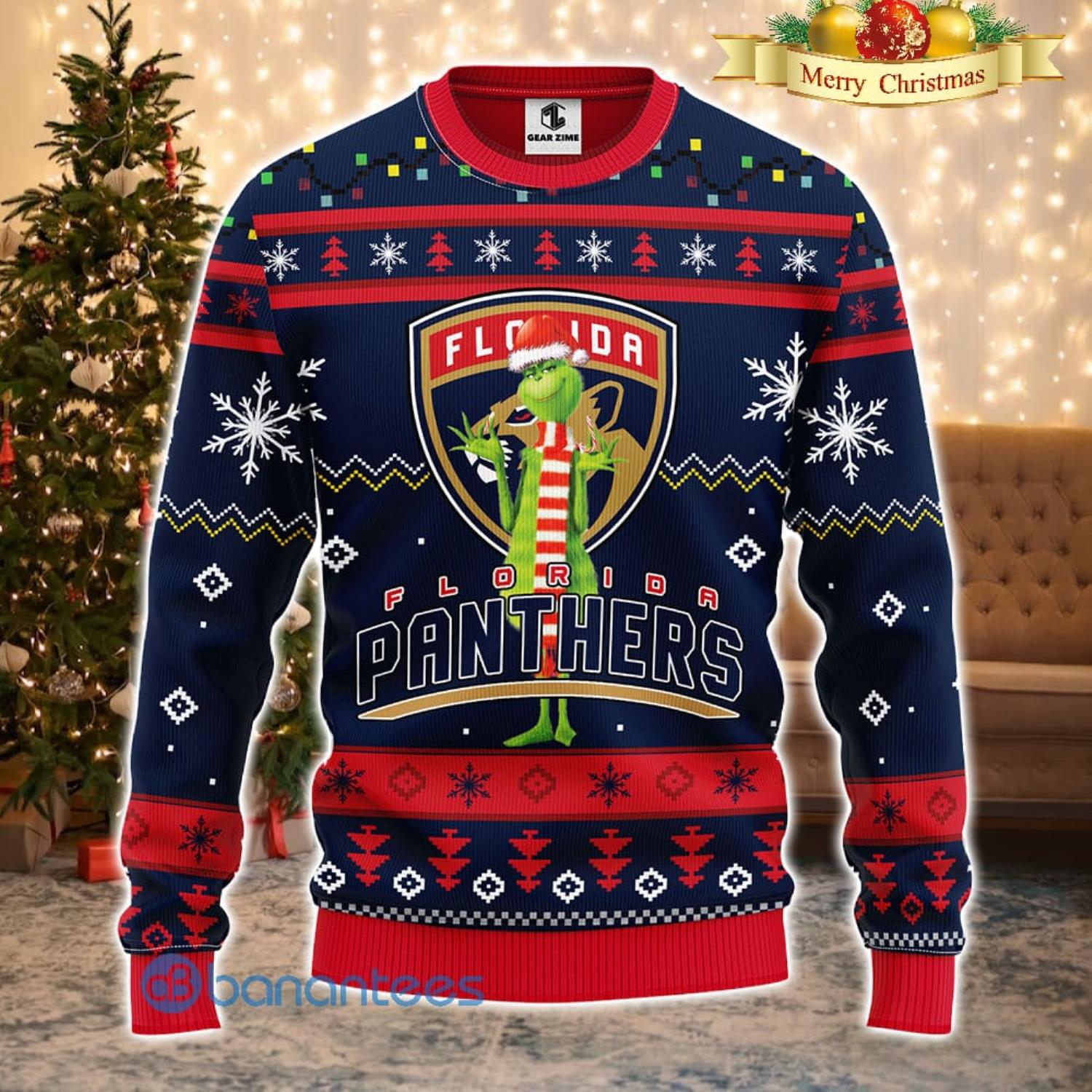 Men And Women Christmas Gift NHL Florida Panthers Logo With Funny Grinch 3D Ugly Christmas Sweater For Fans Product Photo 1