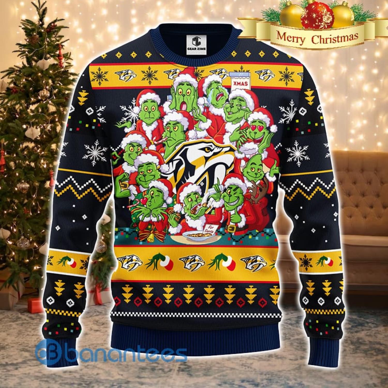 Men And Women Christmas Gift NHL Nashville Predators Cute 12 Grinch Face Xmas Day 3D Ugly Christmas Sweater Product Photo 2