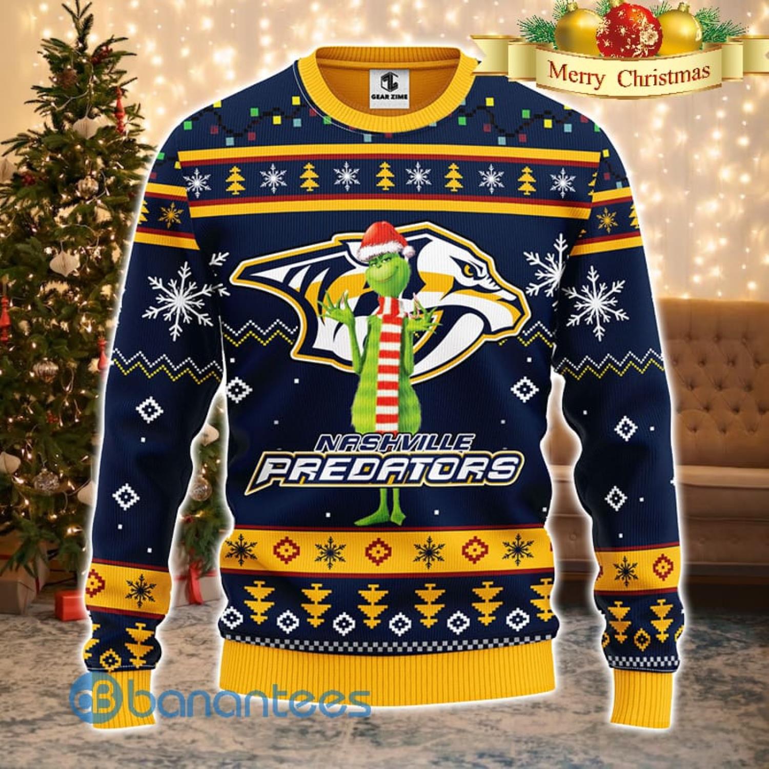 Men And Women Christmas Gift NHL Nashville Predators Logo With Funny Grinch 3D Ugly Christmas Sweater For Fans Product Photo 1