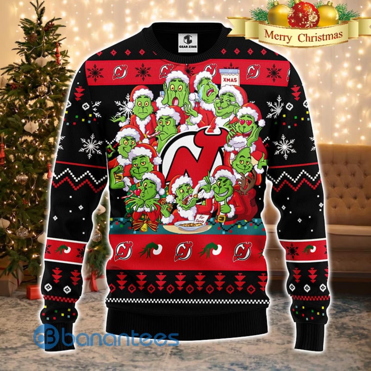Men And Women Christmas Gift NHL New Jersey Devils Cute 12 Grinch Face Xmas Day 3D Ugly Christmas Sweater Product Photo 2