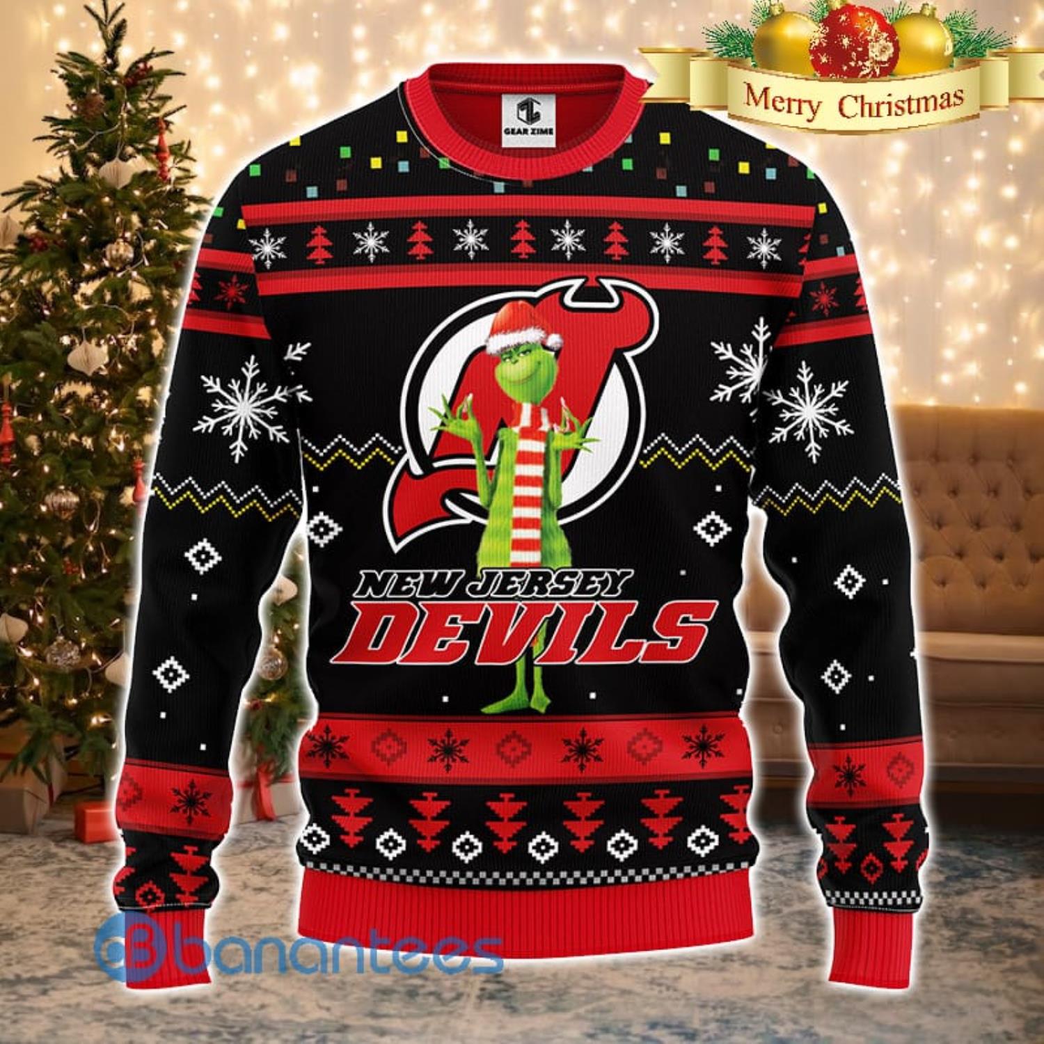 Men And Women Christmas Gift NHL New Jersey Devils Logo With Funny Grinch 3D Ugly Christmas Sweater For Fans Product Photo 1