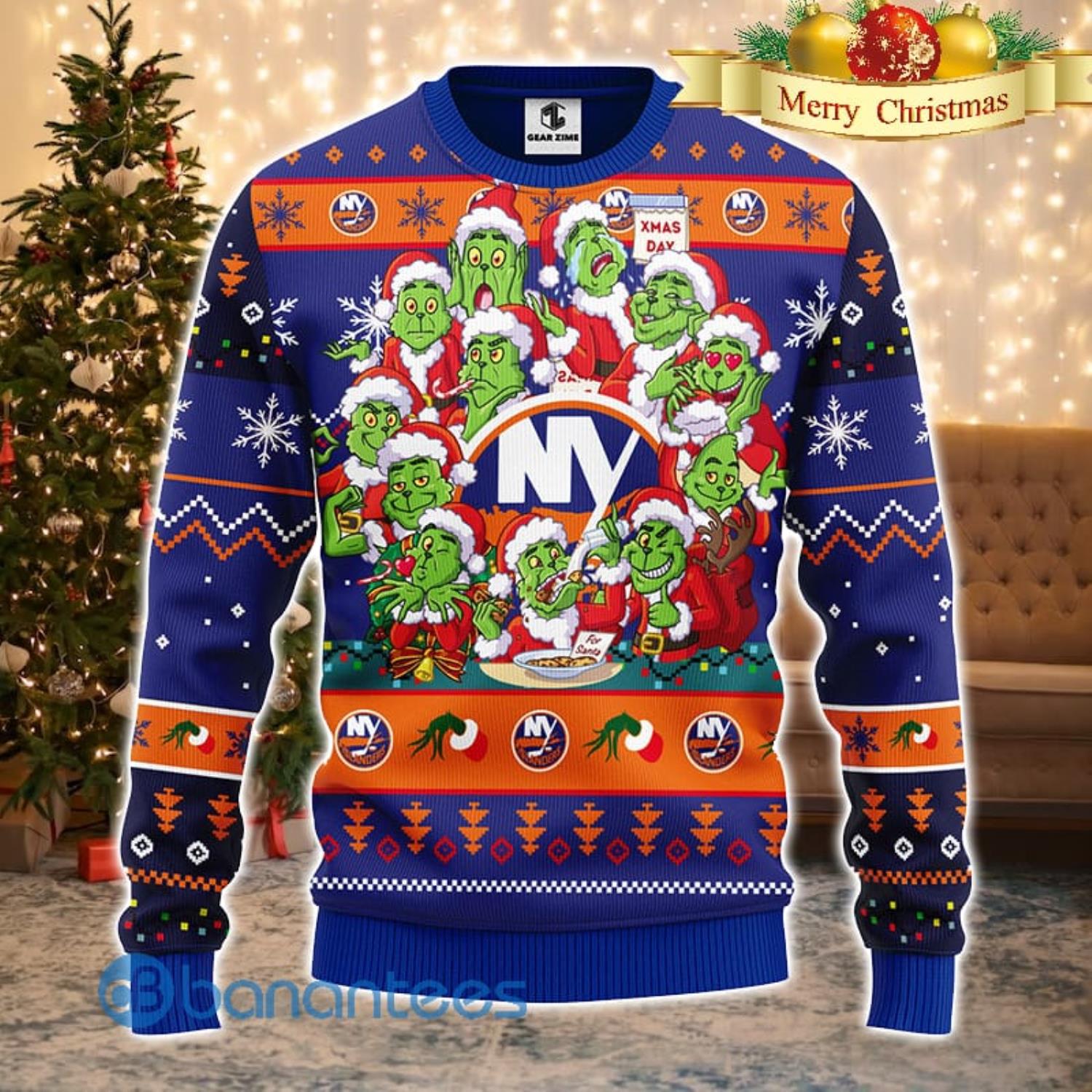 Men And Women Christmas Gift NHL New York Islanders Cute 12 Grinch Face Xmas Day 3D Ugly Christmas Sweater Product Photo 2